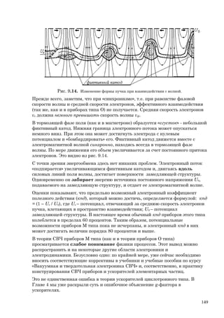 Рис. 9.14. Изменение формы пучка при взаимодействии с волной.
Прежде всего, заметим, что при «синхронизме», т.е. при равенстве фазовой
скорости волны и средней скорости электронов, эффективного взаимодействия
(так же, как и в приборах типа О) не получается. Средняя скорость электронов
ve должна немного превышать скорость волны vф.
В тормозящей фазе поля (как и в магнетроне) образуется «сгусток» - небольшой
фиктивный катод. Нижняя граница электронного потока может опускаться
немного вниз. При этом она может достигнуть электрода с нулевым
потенциалом и «бомбардировать» его. Фиктивный катод движется вместе с
электромагнитной волной синхронно, находясь всегда в тормозящей фазе
волны. По мере движения его объем увеличивается за счет постоянного притока
электронов. Это видно из рис. 9.14.
С точки зрения энергообмена здесь нет никаких проблем. Электронный поток
«подпирается» увеличивающимся фиктивным катодом и, двигаясь вдоль
силовых линий поля волны, достигает поверхности замедляющей структуры.
Одновременно он забирает энергию источника постоянного напряжения U0,
подаваемого на замедляющую структуру, и отдает ее электромагнитной волне.
Оценки показывают, что предельно возможный электронный коэффициент
полезного действия (кпд), который можно достичь, определяется формулой: кпд
= (1 – Ue / U0), где Ue – потенциал, отвечающий за среднюю скорость электронов
пучка, влетающих в пространство взаимодействия; U0 – потенциал
замедляющей структуры. В настоящее время обычный кпд приборов этого типа
колеблется в пределах 60 процентов. Таким образом, потенциальные
возможности приборов М типа пока не исчерпаны, и электронный кпд в них
может достигать величин порядка 80 процентов и выше.
В теории СВЧ приборов М типа (как и в теории приборов О типа)
просматривается слабое понимание физики процессов. Этот вывод можно
распространить и на некоторые другие области электроники и
электродинамики. Безусловно одно: по крайней мере, уже сейчас необходимо
вносить соответствующие коррективы в учебники и учебные пособия по курсу
«Вакуумная и твердотельная электроника СВЧ» и, соответственно, в практику
конструирования СВЧ приборов и ускорителей элементарных частиц.
Это не единственная ошибка в теории ускорителей циклотронного типа. В
Главе 4 мы уже раскрыли суть и ошибочное объяснение g-фактора в
ускорителях.
149
 