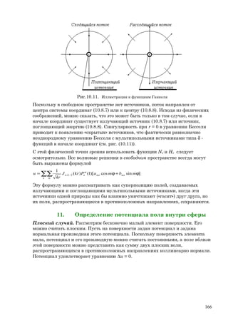 Рис.10.11. Иллюстрация к функциям Ганкеля
Поскольку в свободном пространстве нет источников, поток направлен от
центра системы координат (10.8.7) или к центру (10.8.8). Исходя из физических
соображений, можно сказать, что это может быть только в том случае, если в
начале координат существует излучающий источник (10.8.7) или источник,
поглощающий энергию (10.8.8). Сингулярность при r = 0 в уравнении Бесселя
приводит к появлению «скрытых» источников, что фактически равнозначно
неоднородному уравнению Бесселя с мультипольными источниками типа δ -
функций в начале координат (см. рис. (10.11)).
С этой физической точки зрения использовать функции Nν и Hν следует
осмотрительно. Все волновые решения в свободном пространстве всегда могут
быть выражены формулой
∑∑ ϕ+ϕ= +
n m
mnmn
m
nn mbmaPkrJ
kr
u ]sincos)[1()(
1
2/1
Эту формулу можно рассматривать как суперпозицию полей, создаваемых
излучающими и поглощающими мультипольными источниками, когда эти
источники одной природы как бы взаимно уничтожают («гасят») друг друга, но
их поля, распространяющиеся в противоположных направлениях, сохраняются.
11. Определение потенциала поля внутри сферы
Плоский случай. Рассмотрим бесконечно малый элемент поверхности. Его
можно считать плоским. Пусть на поверхности задан потенциал и задана
нормальная производная этого потенциала. Поскольку поверхность элемента
мала, потенциал и его производную можно считать постоянными, а поле вблизи
этой поверхности можно представить как сумму двух плоских волн,
распространяющихся в противоположных направлениях коллинеарно нормали.
Потенциал удовлетворяет уравнению ∆u = 0.
166
 