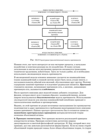 Рис. 12.2 Структурная (диалектическая) модель причинности
Помимо этого, нас часто интересует не вся «история» процесса, а начальное
воздействие и конечная реакция на это воздействие. В таких случаях
детализация и анализ всех внутренних процессов оказывается громоздким,
технически трудоемким, избыточным. Здесь не только удобно, но и необходимо
использовать эволюционную модель причинности.
В эволюционной модели основное внимание уделяется не взаимодействию
(таких взаимодействий в сложной системе может быть сколь угодно много), а
последовательности событий или явлений, обусловленных друг другом. Поэтому
содержание понятий «причина» и «следствие» радикально меняется. Причиной
становится явление, начинающее причинную сеть, а явление, замыкающее
причинную сеть, называется следствием.
После краткого описания двух моделей можно добавить следующее. Для
физики, которая имеет дело главным образом с взаимодействиями, должна
широко использоваться диалектическая модель причинности. Использование
эволюционной модели для анализа взаимодействий неизбежно приводит к
гносеологическим ошибкам и противоречиям.
Видимо, по этой причине не редки негативные высказывания (по преимуществу
позитивистов) в адрес причинности и требования индетерминистского описания
взамен причинного. Однако принцип причинности был и останется одним из
важнейших критериальных принципов материалистической теории
познания объективной истины.
6. Принцип соответствия. Этот принцип является реализацией принципа
конкретности истины. Принцип соответствия достаточно широко
дискутировался в советской философской литературе. Н. Бор, который ввел этот
принцип, дал ему довольно расплывчатую формулировку. Если на смену старой
объективной теории приходит новая, более общая объективная теория, то старая
207
 