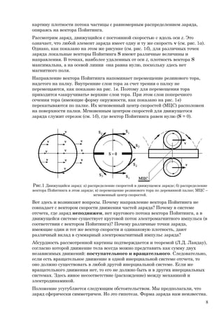 картину плотности потока частицы с равномерным распределением заряда,
опираясь на вектора Пойнтинга.
Рассмотрим заряд, движущийся с постоянной скоростью v вдоль оси z. Это
означает, что любой элемент заряда имеет одну и ту же скорость v (см. рис. 1а).
Однако, как показано на этом же рисунке (см. рис. 1б), для различных точек
заряда локальные векторы Пойнтинга S имеют различные величины и
направления. В точках, наиболее удаленных от оси z, плотность вектора S
максимальна, а на осевой линии она равна нулю, поскольку здесь нет
магнитного поля.
Направление вектора Пойнтинга напоминает перемещение резинового тора,
надетого на палку. Внутренние слои тора за счет трения о палку не
перемещаются, как показано на рис. 1в. Поэтому для перемещения тора
приходится «закручивать» верхние слои тора. При этом слои поперечного
сечения тора (имеющие форму окружности, как показано на рис. 1в)
перекатываются по палке. Их мгновенный центр скоростей (МЦС) расположен
на поверхности палки. Мгновенным центром скоростей для движущегося
заряда служит отрезок (см. 1б), где вектор Пойнтинга равен нулю (S = 0).
Рис.1 Движущийся заряд: а) распределение скоростей в движущемся заряде; б) распределение
вектора Пойнтинга в этом заряде; в) перемещение резинового тора по деревянной палке; МЦС –
мгновенный центр скоростей.
Вот здесь и возникают вопросы. Почему направление вектора Пойнтинга не
совпадает с вектором скорости движения частей заряда? Почему в системе
отсчета, где заряд неподвижен, нет кругового потока вектора Пойнтинга, а в
движущейся системе существует круговой поток электромагнитного импульса (в
соответствии с вектором Пойнтинга)? Почему различные точки заряда,
имеющие один и тот же вектор скорости и одинаковую плотность, дают
различный вклад в суммарный электромагнитный импульс заряда?
Абсурдность рассмотренной картины подтверждается и теоремой (Л.Д. Ландау),
согласно которой движение тела всегда можно представить как сумму двух
независимых движений: поступательного и вращательного. Следовательно,
если есть вращательное движение в одной инерциальной системе отсчета, то
оно должно существовать в любой другой инерциальной системе. Если же
вращательного движения нет, то его не должно быть и в других инерциальных
системах. Здесь явное несоответствие (расхождение) между механикой и
электродинамикой.
Положение усугубляется следующим обстоятельством. Мы предполагали, что
заряд сферически симметричен. Но это гипотеза. Форма заряда нам неизвестна.
8
 
