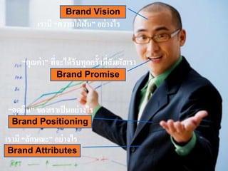 Brand Vision
Brand Positioning
Brand Attributes
Brand Promise
“จุดยืน” ของเราเป็นอย่างไร
เรามี “ลักษณะ” อย่างไร
เรามี “ความใฝ่ ฝัน” อย่างไร
“คุณค่า” ที่จะได้รับทุกครั้งที่สัมผัสเรา
 