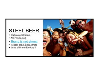 BRA
ND
IDENTITY
STEEL BEER
• High-alcohol beers
• No Positioning
• Brand is not strong
• People can not recognize
• Lake of Brand Identity!!!
 
