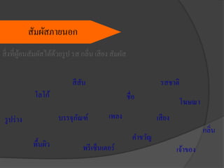 สิ่งที่ผู้คนสัมผัสได้ด้วยรูป รส กลิ่น เสียง สัมผัส
โลโก้ ชื่อ
สีสัน
รูปร่าง
พื้นผิว
กลิ่น
โฆษณา
คาขวัญ
พรีเซ็นเตอร์ เจ้าของ
เพลงบรรจุภัณฑ์
รสชาติ
เสียง
สัมผัสภายนอก
 