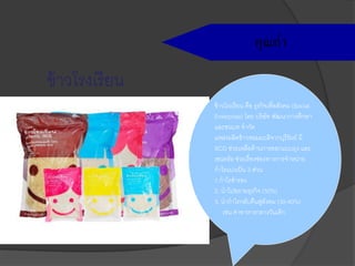 คุณค่า
ข้าวโรงเรียน คือ ธุรกิจเพื่อสังคม (Social
Enterprise) โดย บริษัท พัฒนาการศึกษา
และชนบท จากัด
แหล่งผลิตข้าวหอมมะลิจากบุรีรัมย์ มี
SCG ช่วยเหลือด้านการออกแบบถุง และ
เซนทรัล ช่วยเรื่องช่องทางการจาหน่าย
กาไรแบ่งเป็น 3 ส่วน
1.กาไรสารอง
2. นาไปขยายธุรกิจ (50%)
3. นากาไรกลับคืนสู่สังคม (30-40%)
เช่น ค่าอาหารกลางวันเด็ก
ข้าวโรงเรียน
 