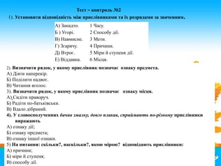 А) Занадто. 1 Часу.
Б ) Угорі. 2 Способу дії.
В) Навмисне. 3 Мети.
Г) Згарячу. 4 Причини.
Д) Втроє. 5 Міри й ступеня дії.
...