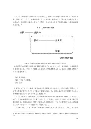 26
このような雇用関係の開始に先立って成立し、法律によって履行を担保される「文書化さ
れた契約」だけでなく、組織参入前、そして参入後に形成される「書かれざる契約」をも
ふくめた、相互期待の総体をもって、「契約」とみなすことを「心理的契約」と服部は解説
している。32
図 5 心理的契約の範囲
出典：日本企業の心理的契約 増補改訂版: 組織と従業員の見えざる契約より
心理的契約の不履行に対する従業員の調整オプションは３つあり、書き換えとは期待水準
を変更すること。バランスの調整とは履行の水準を調整すること。退出とは関係を解消す
ることを意味する。
（１）書き換え、
（２）バランスの調整、
（３）退出
日本型システムではこれまで雇用の安定化を最優先しているが、企業の寿命の短命化、ビ
ジネス環境が数年のサイクルで変化する現代において、長期に及ぶ約束事を履行すること
が困難な場面が多くなりつつあると推測される。
このような状況で“終身雇用”という最重要事項が文書化されず相互期待として成立して
いることは欧米諸国からすると驚くべきことだと推測されるが、その制度・仕組が維持困
難に陥る他、心理的契約の不履行が続くなかで報復的なバランスの調整が行われれば組織
としてのパフォーマンスが低下する可能性が高い。
この見解については第二次産業には適合しないとの批判もあるだろう。しかし、第三次産
32 服部 泰宏「日本企業の心理的契約 増補改訂版: 組織と従業員の見えざる契約」白桃書房; 増補改訂版 (2013/10/4)
P18
 