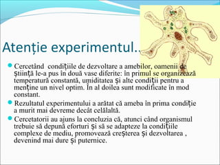 Atenție experimentul...
Cercetând condi iile deț dezvoltare a amebilor, oamenii de
știin ăț le-a pus în două vase diferit...