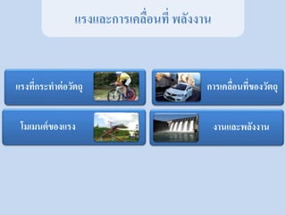 แรงและการเคลื่อนที่ พลังงาน
แรงที่กระทาต่อวัตถุ
โมเมนต์ของแรง
การเคลื่อนที่ของวัตถุ
งานและพลังงาน
 