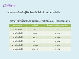 ค่าไฟฟ้ าฐาน
จานวนหน่วย หน่วยที่ ค่าพลังงานไฟฟ้ า (บาท/หน่วย)
5 หน่วยแรก 1-5 0
10 หน่วยต่อไป 6-15 1.3576
10 หน่วยต่อไป 16-25 1.5445
10 หน่วยต่อไป 26-35 1.7968
65 หน่วยต่อไป 36-100 2.1800
50 หน่วยต่อไป 101-150 2.2734
• แบบจดทะเบียนเป็นผู้ใช้พลังงานไฟฟ้าไม่เกิน 150 หน่วยต่อเดือน
อัตราค่าไฟฟ้าเมื่อมีปริมาณการใช้พลังงานไฟฟ้าไม่เกิน 150 หน่วยต่อเดือน
 