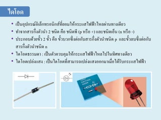 • เป็นอุปกรณ์อิเล็กทรอนิกส์ที่ยอมให้กระแสไฟฟ้าไหลผ่านทางเดียว
• ทาจากสารกึ่งตัวนา 2 ชนิด คือ ชนิดพี (p หรือ +) และชนิดเอ็น (n หรือ -)
• ประกอบด้วยขั้ว 2 ขั้ว คือ ขั้วบวกซึ่งต่อกับสารกึ่งตัวนาชนิด p และขั้วลบซึ่งต่อกับ
สารกึ่งตัวนาชนิด n
• ไดโอดธรรมดา : เป็นตัวควบคุมให้กระแสไฟฟ้าไหลไปในทิศทางเดียว
• ไดโอดเปล่งแสง : เป็นไดโอดที่สามารถเปล่งแสงออกมาเมื่อได้รับกระแสไฟฟ้า
ไดโอด
 