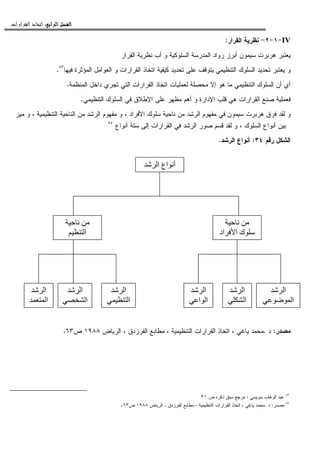 ‫ﺍﻟﺮﺍﺑﻊ‬ ‫ﺍﻟﻔﺼﻞ‬‫ﺍﻟﺮﺍﺑﻊ‬ ‫ﺍﻟﻔﺼﻞ‬‫ﺍﻟﺮﺍﺑﻊ‬ ‫ﺍﻟﻔﺼﻞ‬‫ﺍﻟﺮﺍﺑﻊ‬ ‫ﺍﻟﻔﺼﻞ‬::::‫ﺍﻟﻘﺮﺍﺭﺍﺕ‬ ‫ﺍﺗﺨﺎﺫ‬.
IV-١-٢-‫ﺍﻝﻘﺭﺍﺭ‬ ‫ﻨﻅﺭﻴﺔ‬:
‫ﺍﻝﻘﺭﺍﺭ‬ ‫ﻨﻅﺭﻴﺔ‬ ‫ﺃﺏ‬ ‫ﻭ‬ ‫ﺍﻝﺴﻠﻭﻜﻴﺔ‬ ‫ﺍﻝﻤﺩﺭﺴﺔ‬ ‫ﺭﻭﺍﺩ‬ ‫ﺃﺒﺭﺯ‬ ‫ﺴﻴﻤﻭﻥ‬ ‫ﻫﺭﺒﺭﺕ‬ ‫ﻴﻌﺘﺒﺭ‬
‫ﻓﻴﻬﺎ‬ ‫ﺍﻝﻤﺅﺜﺭﺓ‬ ‫ﺍﻝﻌﻭﺍﻤل‬ ‫ﻭ‬ ‫ﺍﻝﻘﺭﺍﺭﺍﺕ‬ ‫ﺍﺘﺨﺎﺫ‬ ‫ﻜﻴﻔﻴﺔ‬ ‫ﺘﺤﺩﻴﺩ‬ ‫ﻋﻠﻰ‬ ‫ﻴﺘﻭﻗﻑ‬ ‫ﺍﻝﺘﻨﻅﻴﻤﻲ‬ ‫ﺍﻝﺴﻠﻭﻙ‬ ‫ﺘﺤﺩﻴﺩ‬ ‫ﻴﻌﺘﺒﺭ‬ ‫ﻭ‬٨٣
.
‫ﺍ‬ ‫ﺩﺍﺨل‬ ‫ﺘﺠﺭﻱ‬ ‫ﺍﻝﺘﻲ‬ ‫ﺍﻝﻘﺭﺍﺭﺍﺕ‬ ‫ﺍﺘﺨﺎﺫ‬ ‫ﻝﻌﻤﻠﻴﺎﺕ‬ ‫ﻤﺤﺼﻠﺔ‬ ‫ﺇﻻ‬ ‫ﻫﻭ‬ ‫ﻤﺎ‬ ‫ﺍﻝﺘﻨﻅﻴﻤﻲ‬ ‫ﺍﻝﺴﻠﻭﻙ‬ ‫ﺃﻥ‬ ‫ﺃﻱ‬‫ﻝﻤﻨﻅﻤﺔ‬.
‫ﺍﻝﺘﻨﻅﻴﻤﻲ‬ ‫ﺍﻝﺴﻠﻭﻙ‬ ‫ﻓﻲ‬ ‫ﺍﻹﻁﻼﻕ‬ ‫ﻋﻠﻰ‬ ‫ﻤﻅﻬﺭ‬ ‫ﺃﻫﻡ‬ ‫ﻭ‬ ‫ﺍﻹﺩﺍﺭﺓ‬ ‫ﻗﻠﺏ‬ ‫ﻫﻲ‬ ‫ﺍﻝﻘﺭﺍﺭﺍﺕ‬ ‫ﺼﻨﻊ‬ ‫ﻓﻌﻤﻠﻴﺔ‬.
‫ﻤﻴﺯ‬ ‫ﻭ‬ ، ‫ﺍﻝﺘﻨﻅﻴﻤﻴﺔ‬ ‫ﺍﻝﻨﺎﺤﻴﺔ‬ ‫ﻤﻥ‬ ‫ﺍﻝﺭﺸﺩ‬ ‫ﻤﻔﻬﻭﻡ‬ ‫ﻭ‬ ، ‫ﺍﻷﻓﺭﺍﺩ‬ ‫ﺴﻠﻭﻙ‬ ‫ﻨﺎﺤﻴﺔ‬ ‫ﻤﻥ‬ ‫ﺍﻝﺭﺸﺩ‬ ‫ﻤﻔﻬﻭﻡ‬ ‫ﻓﻲ‬ ‫ﺴﻴﻤﻭﻥ‬ ‫ﻫﺭﺒﺭﺕ‬ ‫ﻓﺭﻕ‬ ‫ﻝﻘﺩ‬ ‫ﻭ‬
‫ﺃﻨﻭﺍﻉ‬ ‫ﺴﺘﺔ‬ ‫ﺇﻝﻰ‬ ‫ﺍﻝﻘﺭﺍﺭﺍﺕ‬ ‫ﻓﻲ‬ ‫ﺍﻝﺭﺸﺩ‬ ‫ﺼﻭﺭ‬ ‫ﻗﺴﻡ‬ ‫ﻝﻘﺩ‬ ‫ﻭ‬ ، ‫ﺍﻝﺴﻠﻭﻙ‬ ‫ﺃﻨﻭﺍﻉ‬ ‫ﺒﻴﻥ‬٨٤
‫ﺭﻗﻡ‬ ‫ﺍﻝﺸﻜل‬٣٤:‫ﺍﻝﺭﺸﺩ‬ ‫ﺃﻨﻭﺍﻉ‬.
‫ﻤﺼﺩﺭ‬:‫ﺩ‬.‫ﺍﻝﺭﻴﺎﺽ‬ ، ‫ﺍﻝﻔﺭﺯﺩﻕ‬ ‫ﻤﻁﺎﺒﻊ‬ ، ‫ﺍﻝﺘﻨﻅﻴﻤﻴﺔ‬ ‫ﺍﻝﻘﺭﺍﺭﺍﺕ‬ ‫ﺍﺘﺨﺎﺫ‬ ، ‫ﻴﺎﻏﻲ‬ ‫ﻤﺤﻤﺩ‬١٩٨٨‫ﺹ‬٦٣.
٨٣
‫ﺴﻭﻴﺴﻲ‬ ‫ﺍﻝﻭﻫﺎﺏ‬ ‫ﻋﺒﺩ‬:‫ﺹ‬ ‫ﺫﻜﺭﻩ‬ ‫ﺴﺒﻕ‬ ‫ﻤﺭﺠﻊ‬٣١
٨٤
‫ﻤﺼﺩﺭ‬:‫ﺩ‬.‫ﺍﻝﻘﺭ‬ ‫ﺍﺘﺨﺎﺫ‬ ، ‫ﻴﺎﻏﻲ‬ ‫ﻤﺤﻤﺩ‬‫ﺍﻝﺭﻴﺎﺽ‬ ، ‫ﺍﻝﻔﺭﺯﺩﻕ‬ ‫ﻤﻁﺎﺒﻊ‬ ، ‫ﺍﻝﺘﻨﻅﻴﻤﻴﺔ‬ ‫ﺍﺭﺍﺕ‬١٩٨٨‫ﺹ‬٦٣.
‫ا‬ ‫اع‬ ‫أ‬
‫اد‬ ‫ا‬ ‫ك‬
‫ا‬
‫ا‬
‫ا‬
‫ا‬
‫ا‬
‫ا‬
‫ا‬ ‫ا‬
‫ا‬
‫ا‬
‫ا‬
‫ا‬
‫ا‬
‫ا‬
 