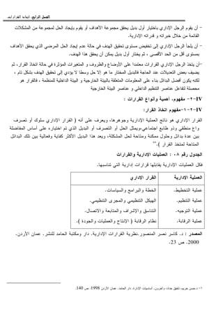 ‫ﺍﻟﺮﺍﺑﻊ‬ ‫ﺍﻟﻔﺼﻞ‬‫ﺍﻟﺮﺍﺑﻊ‬ ‫ﺍﻟﻔﺼﻞ‬‫ﺍﻟﺮﺍﺑﻊ‬ ‫ﺍﻟﻔﺼﻞ‬‫ﺍﻟﺮﺍﺑﻊ‬ ‫ﺍﻟﻔﺼﻞ‬::::‫ﺍﻟﻘﺮﺍﺭﺍﺕ‬ ‫ﺍﺗﺨﺎﺫ‬.
-‫ﺍﻝﻤﺸﻜﻼﺕ‬ ‫ﻤﻥ‬ ‫ﻝﻤﺠﻤﻭﻋﺔ‬ ‫ﺍﻝﺤل‬ ‫ﺒﺈﻴﺠﺎﺩ‬ ‫ﻴﻘﻭﻡ‬ ‫ﺃﻭ‬ ‫ﺍﻷﻫﺩﺍﻑ‬ ‫ﻤﺠﻤﻭﻋﺔ‬ ‫ﻴﺤﻘﻕ‬ ‫ﺒﺩﻴل‬ ‫ﺃﻭل‬ ‫ﺒﺎﺨﺘﻴﺎﺭ‬ ‫ﺍﻹﺩﺍﺭﻱ‬ ‫ﺍﻝﺭﺠل‬ ‫ﻴﻘﻭﻡ‬ ‫ﺃﻥ‬
‫ﺍﻹﺩﺍﺭﻴﺔ‬ ‫ﻗﺩﺭﺍﺘﻪ‬ ‫ﻭ‬ ‫ﺨﺒﺭﺍﺘﻪ‬ ‫ﺨﻼل‬ ‫ﻤﻥ‬ ‫ﺍﻝﻘﺎﺌﻤﺔ‬.
-‫ﻴﺤ‬ ‫ﺍﻝﺫﻱ‬ ‫ﺍﻝﻤﺭﻀﻲ‬ ‫ﺍﻝﺤل‬ ‫ﺇﻴﺠﺎﺩ‬ ‫ﻋﺩﻡ‬ ‫ﺤﺎﻝﺔ‬ ‫ﻓﻲ‬ ‫ﺍﻝﻬﺩﻑ‬ ‫ﺘﺤﻘﻴﻕ‬ ‫ﻤﺴﺘﻭﻯ‬ ‫ﺘﺨﻔﻴﺽ‬ ‫ﺇﻝﻰ‬ ‫ﺍﻹﺩﺍﺭﻱ‬ ‫ﺍﻝﺭﺠل‬ ‫ﻴﻠﺠﺄ‬ ‫ﺃﻥ‬‫ﺍﻷﻫﺩﺍﻑ‬ ‫ﻘﻕ‬
‫ﺍﻝﻬﺩﻑ‬ ‫ﻫﺫﺍ‬ ‫ﻴﺤﻘﻕ‬ ‫ﺃﻥ‬ ‫ﻴﻤﻜﻥ‬ ‫ﺒﺩﻴل‬ ‫ﺃﻭل‬ ‫ﻴﺨﺘﺎﺭ‬ ‫ﺜﻡ‬ ، ‫ﺍﻷﻗﺼﻰ‬ ‫ﺍﻝﺤﺩ‬ ‫ﻤﻥ‬ ‫ﺃﻗل‬ ‫ﺒﻤﺴﺘﻭﻯ‬.
-‫ﺜﻡ‬ ،‫ﺍﻝﻘﺭﺍﺭ‬ ‫ﺍﺘﺨﺎﺫ‬ ‫ﺤﺎﻝﺔ‬ ‫ﻓﻲ‬ ‫ﺍﻝﻤﺅﺜﺭﺓ‬ ‫ﺍﻝﻤﺘﻐﻴﺭﺍﺕ‬ ‫ﻭ‬ ‫ﻭﺍﻝﻅﺭﻭﻑ‬ ‫ﺍﻷﻭﻀﺎﻉ‬ ‫ﻋﻠﻰ‬ ‫ﻤﻌﺘﻤﺩﺍ‬ ‫ﺍﻝﻘﺭﺍﺭﺍﺕ‬ ‫ﺍﻹﺩﺍﺭﻱ‬ ‫ﺍﻝﺭﺠل‬ ‫ﻴﺘﺨﺫ‬ ‫ﺃﻥ‬
‫ﻴﺅﺩﻱ‬ ‫ﻻ‬ ‫ﻭﺴﻁﺎ‬ ‫ﺤل‬ ‫ﺇﻻ‬ ‫ﻫﻭ‬ ‫ﻤﺎ‬ ‫ﺍﻝﻤﺨﺘﺎﺭ‬ ‫ﻓﺎﻝﺒﺩﻴل‬ ‫ﺍﻝﺤﺎﺠﺔ‬ ‫ﻋﻨﺩ‬ ‫ﺍﻝﺘﻌﺩﻴﻼﺕ‬ ‫ﺒﻌﺽ‬ ‫ﻴﻀﻴﻑ‬، ‫ﺘﺎﻡ‬ ‫ﺒﺸﻜل‬ ‫ﺍﻝﻬﺩﻑ‬ ‫ﺘﺤﻘﻴﻕ‬ ‫ﺇﻝﻰ‬
‫ﻫﻭ‬ ‫ﻓﺎﻝﻘﺭﺍﺭ‬ ، ‫ﻝﻠﻤﻨﻅﻤﺔ‬ ‫ﺍﻝﺩﺍﺨﻠﻴﺔ‬ ‫ﺍﻝﺒﻴﺌﺔ‬ ‫ﻭ‬ ‫ﺍﻝﺨﺎﺭﺠﻴﺔ‬ ‫ﺒﺎﻝﺒﻴﺌﺔ‬ ‫ﺍﻝﻤﺘﻌﻠﻘﺔ‬ ‫ﺍﻝﻤﻌﻠﻭﻤﺎﺕ‬ ‫ﻋﻠﻰ‬ ‫ﺒﻨﺎﺀ‬ ‫ﺍﻝﺒﺩﺍﺌل‬ ‫ﺃﻓﻀل‬ ‫ﻴﻜﻭﻥ‬ ‫ﻝﻜﻨﻪ‬
‫ﺍﻝﺨﺎﺭﺠﻴﺔ‬ ‫ﺍﻝﺒﻴﺌﺔ‬ ‫ﻋﻨﺎﺼﺭ‬ ‫ﻭ‬ ‫ﺍﻝﺩﺍﺨﻠﻲ‬ ‫ﺍﻝﺘﻨﻅﻴﻡ‬ ‫ﻋﻨﺎﺼﺭ‬ ‫ﻝﺘﻔﺎﻋل‬ ‫ﻤﺤﺼﻠﺔ‬
IV-٢-‫ﻤﻔﻬﻭﻡ‬،‫ﺃﻫﻤﻴﺔ‬‫ﻭﺃﻨﻭﺍﻉ‬‫ﺍﻝﻘﺭﺍﺭ‬‫ﺍﺕ‬:
IV-٢-١-‫ﻤﻔﻬﻭﻡ‬‫ﺍﻝﻘﺭﺍﺭ‬ ‫ﺍﺘﺨﺎﺫ‬:
‫ﺃﻨﻪ‬ ‫ﻋﻠﻰ‬ ‫ﻭﻴﻌﺭﻑ‬ ،‫ﻭﺠﻭﻫﺭﻫﺎ‬ ‫ﺍﻹﺩﺍﺭﻴﺔ‬ ‫ﺍﻝﻌﻤﻠﻴﺔ‬ ‫ﻨﺎﺘﺞ‬ ‫ﻫﻭ‬ ‫ﺍﻹﺩﺍﺭﻱ‬ ‫ﺍﻝﻘﺭﺍﺭ‬)‫ﺘﺼﺭﻑ‬ ‫ﺃﻭ‬ ‫ﺴﻠﻭﻙ‬ ‫ﺍﻹﺩﺍﺭﻱ‬ ‫ﺍﻝﻘﺭﺍﺭ‬
‫ﺍﻝﻤﻔﺎﻀﻠﺔ‬ ‫ﺃﺴﺎﺱ‬ ‫ﻋﻠﻰ‬ ‫ﺍﺨﺘﻴﺎﺭﻩ‬ ‫ﺘﻡ‬ ‫ﺍﻝﺫﻱ‬ ‫ﺍﻝﺒﺩﻴل‬ ‫ﺃﻭ‬ ‫ﺍﻝﺘﺼﺭﻑ‬ ‫ﺃﻭ‬ ‫ﺍﻝﺤل‬ ‫ﺍﺠﺘﻤﺎﻋﻲ،ﻭﻴﻤﺜل‬ ‫ﻁﺎﺒﻊ‬ ‫ﻭﺫﻭ‬ ‫ﻤﻨﻁﻘﻲ‬ ‫ﻭﺍﻉ‬
‫ﺍﻷﻜﺜﺭ‬ ‫ﺍﻝﺒﺩﻴل‬ ‫ﻫﺫﺍ‬ ‫ﻭﻴﻌﺩ‬ ،‫ﺍﻝﻤﺸﻜﻠﺔ‬ ‫ﻝﺤل‬ ‫ﻭﻤﺘﺎﺤﺔ‬ ‫ﻤﻤﻜﻨﺔ‬ ‫ﻭﺤﻠﻭل‬ ‫ﺒﺩﺍﺌل‬ ‫ﻋﺩﺓ‬ ‫ﺒﻴﻥ‬‫ﺍﻝﺒﺩﺍﺌل‬ ‫ﺘﻠﻙ‬ ‫ﺒﻴﻥ‬ ‫ﻭﻓﻌﺎﻝﻴﺔ‬ ‫ﻜﻔﺎﻴﺔ‬
‫ﺍﻝﻘﺭﺍﺭ‬ ‫ﻝﻤﺘﺨﺫ‬ ‫ﺍﻝﻤﺘﺎﺤﺔ‬.(٨٥
‫ﺭﻗﻡ‬ ‫ﺍﻝﺠﺩﻭل‬٠٨:‫ﻭﺍﻝﻘﺭﺍﺭﺍﺕ‬ ‫ﺍﻹﺩﺍﺭﻴﺔ‬ ‫ﺍﻝﻌﻤﻠﻴﺎﺕ‬
‫ﺘﻨﺎﺴﺒﻬﺎ‬ ‫ﺍﻝﺘﻲ‬ ‫ﺇﺩﺍﺭﻴﺔ‬ ‫ﻗﺭﺍﺭﺍﺕ‬ ‫ﻴﻘﺎﺒﻠﻬﺎ‬ ‫ﺍﻹﺩﺍﺭﻴﺔ‬ ‫ﺍﻝﻌﻤﻠﻴﺎﺕ‬ ‫ﻓﻜل‬.
‫ﺍﻹﺩﺍﺭﻴﺔ‬ ‫ﺍﻝﻌﻤﻠﻴﺔ‬‫ﺍﻹﺩﺍﺭﻱ‬ ‫ﺍﻝﻘﺭﺍﺭ‬
‫ﺍﻝﺘﺨﻁﻴﻁ‬ ‫ﻋﻤﻠﻴﺔ‬.
‫ﺍﻝﺘﻨﻅﻴﻡ‬ ‫ﻋﻤﻠﻴﺔ‬.
‫ﺍﻝﺘﻭﺠﻴﻪ‬ ‫ﻋﻤﻠﻴﺔ‬.
‫ﺍﻝﺭﻗﺎﺒﺔ‬ ‫ﻋﻤﻠﻴﺔ‬.
‫ﺍﻝﺨﻁ‬‫ﻭﺍﻝﺴﻴﺎﺴﺎﺕ‬ ‫ﻭﺍﻝﺒﺭﺍﻤﺞ‬ ‫ﺔ‬.
‫ﺍﻝﺘﻨﻅﻴﻤﻲ‬ ‫ﻭﺍﻝﻤﺠﺭﻯ‬ ‫ﺍﻝﺘﻨﻅﻴﻤﻲ‬ ‫ﺍﻝﻬﻴﻜل‬.
‫ﻭﺍﻻﺘﺼﺎل‬ ‫ﻭﺍﻝﻤﺘﺎﺒﻌﺔ‬ ‫ﻭﺍﻹﺸﺭﺍﻑ‬ ‫ﺍﻝﺘﻨﺎﺴﻕ‬.
‫ﺍﻝﺭﻗﺎﺒﺔ‬ ‫ﻨﻅﺎﻡ‬)‫ﻭﺍﻝﺠﻭﺩﺓ‬ ‫ﻭﺍﻝﻌﻤﻠﻴﺎﺕ‬ ‫ﺍﻹﻨﺘﺎﺝ‬.(
‫ﺍﻝﻤﺼﺩﺭ‬:‫ﺩ‬.‫ﺍﻝﻤﻨﺼﻭﺭ‬ ‫ﻨﺼﺭ‬ ‫ﻜﺎﺴﺭ‬.‫ﺍﻹﺩﺍﺭﻴﺔ‬ ‫ﺍﻝﻘﺭﺍﺭﺍﺕ‬ ‫ﻨﻅﺭﻴﺔ‬.‫ﻝﻠﻨﺸﺭ‬ ‫ﺍﻝﺤﺎﻤﺩ‬ ‫ﻭﻤﻜﺘﺒﺔ‬ ‫ﺩﺍﺭ‬.‫ﺍﻷﺭﺩﻥ‬ ‫ﻋﻤﺎﻥ‬.
2000.‫ﺹ‬23.
١-‫ﺩ‬.‫ﻭﺁﺨﺭﻭﻥ‬ ،‫ﺤﺩﺍﺩ‬ ‫ﺸﻔﻴﻕ‬ ،‫ﺤﺭﻴﻡ‬ ‫ﺤﺴﻥ‬.‫ﺍﻹﺩﺍﺭﺓ‬ ‫ﺃﺴﺎﺴﻴﺎﺕ‬.‫ﺍﻝﺤﺎﻤﺩ‬ ‫ﺩﺍﺭ‬.‫ﺍﻷﺭﺩﻥ‬ ‫ﻋﻤﺎﻥ‬1998.‫ﺹ‬140.
 