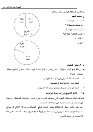 ‫ﺍﻟﺮﺍﺑﻊ‬ ‫ﺍﻟﻔﺼﻞ‬‫ﺍﻟﺮﺍﺑﻊ‬ ‫ﺍﻟﻔﺼﻞ‬‫ﺍﻟﺮﺍﺑﻊ‬ ‫ﺍﻟﻔﺼﻞ‬‫ﺍﻟﺮﺍﺑﻊ‬ ‫ﺍﻟﻔﺼﻞ‬::::‫ﺍﻟﻘﺮﺍﺭﺍﺕ‬ ‫ﺍﺗﺨﺎﺫ‬.
‫ﺏ‬-‫ﺍﻝﻨﺸﺎﻁ‬ ‫ﺤﺴﺏ‬:‫ﻤ‬ ‫ﻜﻠﻬﺎ‬‫ﺼﻨﺎﻋﻴﺔ‬ ‫ﺅﺴﺴﺎﺕ‬
‫ﺝ‬-‫ﺍﻝﺤﺠﻡ‬ ‫ﺤﺴﺏ‬
-‫ﻜﺒﻴﺭﺓ‬ ‫ﻤﺅﺴﺴﺎﺕ‬:٨
-‫ﻤﺘﻭﺴﻁﺔ‬ ‫ﻤﺅﺴﺴﺎﺕ‬:٩
-‫ﺼﻐﻴﺭﺓ‬ ‫ﻤﺅﺴﺴﺎﺕ‬:٢
‫ﺩ‬-‫ﺍﻝﺠﻐﺭﺍﻓﻴﺔ‬ ‫ﺍﻝﺘﻐﻁﻴﺔ‬ ‫ﺤﺴﺏ‬
-‫ﻭﻁﻨﻴﺔ‬:١٥
-‫ﺠﻬﻭﻴﺔ‬:٤
V-٢.‫ﺍﻝﺒﻴﺎﻨﺎﺕ‬ ‫ﺘﺤﻠﻴل‬
‫ﺍﻝﻤﺘﻌﻠﻘﺔ‬ ‫ﺍﻝﻨﺘﺎﺌﺞ‬ ‫ﻝﻼﺴﺘﺨﻼﺹ‬ ‫ﺍﻝﻤﻌﻠﻭﻤﺎﺕ‬ ‫ﻫﺫﻩ‬ ‫ﺘﺤﻠﻴل‬ ‫ﺒﻤﺤﺎﻭﻝﺔ‬ ‫ﺴﻨﻘﻭﻡ‬ ،‫ﺍﻷﻭﻝﻴﺔ‬ ‫ﺍﻝﺒﻴﺎﻨﺎﺕ‬ ‫ﺠﻤﻊ‬ ‫ﻤﺭﺤﻠﺔ‬ ‫ﺒﻌﺩ‬
‫ﺒﺎﻝﻤﺤﺎﻭﺭ‬‫ﺍﻝﺘﺎﻝﻴﺔ‬:
-‫ﺍﻝﺠﺯﺍﺌﺭﻴﺔ‬ ‫ﺍﻝﻤﺅﺴﺴﺔ‬ ‫ﻓﻲ‬ ‫ﺍﻝﺘﺴﻭﻴﻘﻲ‬ ‫ﺍﻝﻨﺸﺎﻁ‬ ‫ﺃﻫﻤﻴﺔ‬.
-‫ﺘﺠﻤﻴﻌﻬﺎ‬ ‫ﻭﻁﺭﻕ‬ ‫ﻭﺃﻨﻭﺍﻋﻬﺎ‬ ‫ﺍﻝﻤﻌﻠﻭﻤﺎﺕ‬.
-‫ﺍﻝﺘﺴﻭﻴﻘﻲ‬ ‫ﺍﻝﻤﻌﻠﻭﻤﺎﺕ‬ ‫ﻭﻨﻅﺎﻡ‬ ‫ﺍﻝﺘﺴﻭﻴﻘﻴﺔ‬ ‫ﺍﻝﻘﺭﺍﺭﺍﺕ‬ ‫ﺍﺘﺨﺎﺫ‬.
v١.٢.‫ﺍﻝﺠﺯﺍﺌﺭﻴﺔ‬ ‫ﺍﻝﻤﺅﺴﺴﺔ‬ ‫ﻓﻲ‬ ‫ﺍﻝﺘﺴﻭﻴﻕ‬ ‫ﻨﺸﺎﻁ‬
‫ﺍﻝﻤﺴﺘﻬﻠﻙ‬ ‫ﻭﺍﺤﺘﻴﺎﺠﺎﺕ‬ ‫ﺭﻏﺒﺎﺕ‬ ‫ﻋﻠﻰ‬ ‫ﺍﻝﺘﻌﺭﻑ‬ ‫ﺘﺴﺘﻬﺩﻑ‬ ‫ﺍﻝﺘﻲ‬ ‫ﺍﻝﺠﻬﻭﺩ‬ ‫ﻤﺨﺘﻠﻑ‬ ‫ﺒﺎﻋﺘﺒﺎﺭﻩ‬ ‫ﺍﻝﺘﺴﻭﻴﻕ‬‫ﻭﺘﺭﺠﻤﺘﻬﺎ‬
‫ﺍﻝﺤﺎﺠﺎﺕ‬ ‫ﻫﺫﻩ‬ ‫ﺇﺸﺒﺎﻉ‬ ‫ﻋﻠﻰ‬ ‫ﻗﺎﺩﺭﺓ‬ ‫ﺨﺩﻤﺎﺕ‬ ‫ﺃﻭ‬ ‫ﻤﻨﺘﺠﺎﺕ‬ ‫ﺇﻝﻰ‬.
‫ﻤﻭﺍﻗﻊ‬ ‫ﺇﻝﻰ‬ ‫ﺍﻹﻨﺘﺎﺝ‬ ‫ﻤﺭﺍﻜﺯ‬ ‫ﻤﻥ‬ ‫ﻭﺍﻝﺨﺩﻤﺎﺕ‬ ‫ﺍﻝﺴﻠﻊ‬ ‫ﺍﻨﺴﻴﺎﺏ‬ ‫ﻴﻀﻤﻥ‬ ‫ﻜﻨﺸﺎﻁ‬ ‫ﺇﻝﻴﻪ‬ ‫ﻴﻨﻅﺭ‬ ‫ﻜﺎﻥ‬ ‫ﻤﺎ‬ ‫ﻋﻜﺱ‬ ‫ﻭﻫﻭ‬
‫ﻫﺫﻩ‬ ‫ﺘﻌﻴﺵ‬ ‫ﺃﺼﺒﺤﺕ‬ ‫ﺒﻌﺩﻤﺎ‬ ‫ﻀﺭﻭﺭﺓ‬ ‫ﺃﺼﺒﺢ‬ ‫ﺍﻝﺠﺯﺍﺌﺭﻴﺔ‬ ‫ﻤﺅﺴﺴﺎﺘﻨﺎ‬ ‫ﻓﻲ‬ ‫ﺘﺴﻭﻴﻘﻲ‬ ‫ﻨﺸﺎﻁ‬ ‫ﻓﻭﺠﻭﺩ‬ ‫ﺍﻻﺴﺘﻬﻼﻙ‬
‫ﺘﻨﺎﻓﺴﻲ‬ ‫ﻤﺤﻴﻁ‬ ‫ﻓﻲ‬ ‫ﺍﻝﻤﺅﺴﺴﺎﺕ‬.
٤٢%
‫ﻜﺒﻴﺭﺓ‬
١١%
‫ﺼﻐﻴﺭﺓ‬
٤٧%
‫ﻤﺘﻭﺴﻁﺔ‬
٢١%
‫ﺠﻬﻭﻴﺔ‬
٧٩%
‫ﻭﻁﻨﻴﺔ‬
 