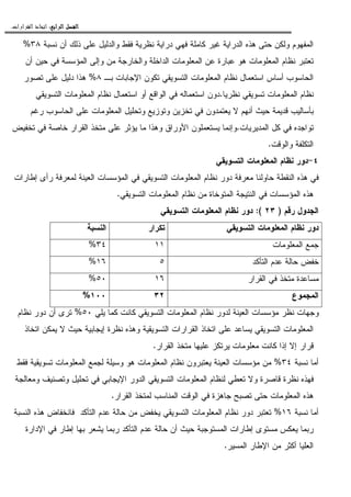 ‫ﺍﻟﺮﺍﺑﻊ‬ ‫ﺍﻟﻔﺼﻞ‬‫ﺍﻟﺮﺍﺑﻊ‬ ‫ﺍﻟﻔﺼﻞ‬‫ﺍﻟﺮﺍﺑﻊ‬ ‫ﺍﻟﻔﺼﻞ‬‫ﺍﻟﺮﺍﺑﻊ‬ ‫ﺍﻟﻔﺼﻞ‬::::‫ﺍﻟﻘﺮﺍﺭﺍﺕ‬ ‫ﺍﺗﺨﺎﺫ‬.
‫ﻨﺴﺒﺔ‬ ‫ﺃﻥ‬ ‫ﺫﻝﻙ‬ ‫ﻋﻠﻰ‬ ‫ﻭﺍﻝﺩﻝﻴل‬ ‫ﻓﻘﻁ‬ ‫ﻨﻅﺭﻴﺔ‬ ‫ﺩﺭﺍﻴﺔ‬ ‫ﻓﻬﻲ‬ ‫ﻜﺎﻤﻠﺔ‬ ‫ﻏﻴﺭ‬ ‫ﺍﻝﺩﺭﺍﻴﺔ‬ ‫ﻫﺫﻩ‬ ‫ﺤﺘﻰ‬ ‫ﻭﻝﻜﻥ‬ ‫ﺍﻝﻤﻔﻬﻭﻡ‬٣٨%
‫ﺃﻥ‬ ‫ﺤﻴﻥ‬ ‫ﻓﻲ‬ ‫ﺍﻝﻤﺅﺴﺴﺔ‬ ‫ﻭﺇﻝﻰ‬ ‫ﻤﻥ‬ ‫ﻭﺍﻝﺨﺎﺭﺠﺔ‬ ‫ﺍﻝﺩﺍﺨﻠﺔ‬ ‫ﺍﻝﻤﻌﻠﻭﻤﺎﺕ‬ ‫ﻋﻥ‬ ‫ﻋﺒﺎﺭﺓ‬ ‫ﻫﻭ‬ ‫ﺍﻝﻤﻌﻠﻭﻤﺎﺕ‬ ‫ﻨﻅﺎﻡ‬ ‫ﺘﻌﺘﺒﺭ‬
‫ﺍﻹ‬ ‫ﺘﻜﻭﻥ‬ ‫ﺍﻝﺘﺴﻭﻴﻘﻲ‬ ‫ﺍﻝﻤﻌﻠﻭﻤﺎﺕ‬ ‫ﻨﻅﺎﻡ‬ ‫ﺍﺴﺘﻌﻤﺎل‬ ‫ﺃﺴﺎﺱ‬ ‫ﺍﻝﺤﺎﺴﻭﺏ‬‫ﺒـ‬ ‫ﺠﺎﺒﺎﺕ‬٨%‫ﺘﺼﻭﺭ‬ ‫ﻋﻠﻰ‬ ‫ﺩﻝﻴل‬ ‫ﻫﺫﺍ‬
‫ﻨﻅﺭﻴﺎ‬ ‫ﺘﺴﻭﻴﻘﻲ‬ ‫ﺍﻝﻤﻌﻠﻭﻤﺎﺕ‬ ‫ﻨﻅﺎﻡ‬.‫ﺍﻝﺘﺴﻭﻴﻘﻲ‬ ‫ﺍﻝﻤﻌﻠﻭﻤﺎﺕ‬ ‫ﻨﻅﺎﻡ‬ ‫ﺍﺴﺘﻌﻤﺎل‬ ‫ﺃﻭ‬ ‫ﺍﻝﻭﺍﻗﻊ‬ ‫ﻓﻲ‬ ‫ﺍﺴﺘﻌﻤﺎﻝﻪ‬ ‫ﺩﻭﻥ‬
‫ﺭﻏﻡ‬ ‫ﺍﻝﺤﺎﺴﻭﺏ‬ ‫ﻋﻠﻰ‬ ‫ﺍﻝﻤﻌﻠﻭﻤﺎﺕ‬ ‫ﻭﺘﺤﻠﻴل‬ ‫ﻭﺘﻭﺯﻴﻊ‬ ‫ﺘﺨﺯﻴﻥ‬ ‫ﻓﻲ‬ ‫ﻴﻌﺘﻤﺩﻭﻥ‬ ‫ﻻ‬ ‫ﺃﻨﻬﻡ‬ ‫ﺤﻴﺙ‬ ‫ﻗﺩﻴﻤﺔ‬ ‫ﺒﺄﺴﺎﻝﻴﺏ‬
‫ﺍﻝﻤﺩﻴﺭﻴﺎﺕ‬ ‫ﻜل‬ ‫ﻓﻲ‬ ‫ﺘﻭﺍﺠﺩﻩ‬.‫ﻴﺅ‬ ‫ﻤﺎ‬ ‫ﻭﻫﺫﺍ‬ ‫ﺍﻷﻭﺭﺍﻕ‬ ‫ﻴﺴﺘﻌﻤﻠﻭﻥ‬ ‫ﻭﺇﻨﻤﺎ‬‫ﺘﺨﻔﻴﺽ‬ ‫ﻓﻲ‬ ‫ﺨﺎﺼﺔ‬ ‫ﺍﻝﻘﺭﺍﺭ‬ ‫ﻤﺘﺨﺫ‬ ‫ﻋﻠﻰ‬ ‫ﺜﺭ‬
‫ﻭﺍﻝﻭﻗﺕ‬ ‫ﺍﻝﺘﻜﻠﻔﺔ‬.
٤-‫ﺍﻝﺘﺴﻭﻴﻘﻲ‬ ‫ﺍﻝﻤﻌﻠﻭﻤﺎﺕ‬ ‫ﻨﻅﺎﻡ‬ ‫ﺩﻭﺭ‬
‫ﺇﻁﺎﺭﺍﺕ‬ ‫ﺭﺃﻯ‬ ‫ﻝﻤﻌﺭﻓﺔ‬ ‫ﺍﻝﻌﻴﻨﺔ‬ ‫ﺍﻝﻤﺅﺴﺴﺎﺕ‬ ‫ﻓﻲ‬ ‫ﺍﻝﺘﺴﻭﻴﻘﻲ‬ ‫ﺍﻝﻤﻌﻠﻭﻤﺎﺕ‬ ‫ﻨﻅﺎﻡ‬ ‫ﺩﻭﺭ‬ ‫ﻤﻌﺭﻓﺔ‬ ‫ﺤﺎﻭﻝﻨﺎ‬ ‫ﺍﻝﻨﻘﻁﺔ‬ ‫ﻫﺫﻩ‬ ‫ﻓﻲ‬
‫ﺍﻝﺘﺴﻭﻴﻘﻲ‬ ‫ﺍﻝﻤﻌﻠﻭﻤﺎﺕ‬ ‫ﻨﻅﺎﻡ‬ ‫ﻤﻥ‬ ‫ﺍﻝﻤﺘﻭﺨﺎﺓ‬ ‫ﺍﻝﻨﺘﻴﺠﺔ‬ ‫ﻓﻲ‬ ‫ﺍﻝﻤﺅﺴﺴﺎﺕ‬ ‫ﻫﺫﻩ‬.
‫ﺭﻗﻡ‬ ‫ﺍﻝﺠﺩﻭل‬)٢٣:(‫ﻨ‬ ‫ﺩﻭﺭ‬‫ﺍﻝﺘﺴﻭﻴﻘﻲ‬ ‫ﺍﻝﻤﻌﻠﻭﻤﺎﺕ‬ ‫ﻅﺎﻡ‬
‫ﺍﻝﺘﺴﻭﻴﻘﻲ‬ ‫ﺍﻝﻤﻌﻠﻭﻤﺎﺕ‬ ‫ﻨﻅﺎﻡ‬ ‫ﺩﻭﺭ‬‫ﺘﻜﺭﺍﺭ‬‫ﺍﻝﻨﺴﺒﺔ‬
‫ﺍﻝﻤﻌﻠﻭﻤﺎﺕ‬ ‫ﺠﻤﻊ‬١١٣٤%
‫ﺍﻝﺘﺄﻜﺩ‬ ‫ﻋﺩﻡ‬ ‫ﺤﺎﻝﺔ‬ ‫ﺨﻔﺽ‬٥١٦%
‫ﺍﻝﻘﺭﺍﺭ‬ ‫ﻓﻲ‬ ‫ﻤﺘﺨﺫ‬ ‫ﻤﺴﺎﻋﺩﺓ‬١٦٥٠%
‫ﺍﻝﻤﺠﻤﻭﻉ‬٣٢١٠٠%
‫ﻴﻠﻲ‬ ‫ﻜﻤﺎ‬ ‫ﻜﺎﻨﺕ‬ ‫ﺍﻝﺘﺴﻭﻴﻘﻲ‬ ‫ﺍﻝﻤﻌﻠﻭﻤﺎﺕ‬ ‫ﻨﻅﺎﻡ‬ ‫ﻝﺩﻭﺭ‬ ‫ﺍﻝﻌﻴﻨﺔ‬ ‫ﻤﺅﺴﺴﺎﺕ‬ ‫ﻨﻅﺭ‬ ‫ﻭﺠﻬﺎﺕ‬٥٠%‫ﻨﻅﺎﻡ‬ ‫ﺩﻭﺭ‬ ‫ﺃﻥ‬ ‫ﺘﺭﻯ‬
‫ﺍﻝﻤﻌﻠﻭﻤﺎﺕ‬‫ﺍﺘﺨﺎﺫ‬ ‫ﻴﻤﻜﻥ‬ ‫ﻻ‬ ‫ﺤﻴﺙ‬ ‫ﺇﻴﺠﺎﺒﻴﺔ‬ ‫ﻨﻅﺭﺓ‬ ‫ﻭﻫﺫﻩ‬ ‫ﺍﻝﺘﺴﻭﻴﻘﻴﺔ‬ ‫ﺍﻝﻘﺭﺍﺭﺍﺕ‬ ‫ﺍﺘﺨﺎﺫ‬ ‫ﻋﻠﻰ‬ ‫ﻴﺴﺎﻋﺩ‬ ‫ﺍﻝﺘﺴﻭﻴﻘﻲ‬
‫ﺍﻝﻘﺭﺍﺭ‬ ‫ﻤﺘﺨﺫ‬ ‫ﻋﻠﻴﻬﺎ‬ ‫ﻴﺭﺘﻜﺯ‬ ‫ﻤﻌﻠﻭﻤﺎﺕ‬ ‫ﻜﺎﻨﺕ‬ ‫ﺇﺫﺍ‬ ‫ﺇﻻ‬ ‫ﻗﺭﺍﺭ‬.
‫ﻨﺴﺒﺔ‬ ‫ﺃﻤﺎ‬٣٤%‫ﻓﻘﻁ‬ ‫ﺘﺴﻭﻴﻘﻴﺔ‬ ‫ﺍﻝﻤﻌﻠﻭﻤﺎﺕ‬ ‫ﻝﺠﻤﻊ‬ ‫ﻭﺴﻴﻠﺔ‬ ‫ﻫﻭ‬ ‫ﺍﻝﻤﻌﻠﻭﻤﺎﺕ‬ ‫ﻨﻅﺎﻡ‬ ‫ﻴﻌﺘﺒﺭﻭﻥ‬ ‫ﺍﻝﻌﻴﻨﺔ‬ ‫ﻤﺅﺴﺴﺎﺕ‬ ‫ﻤﻥ‬
‫ﺍﻝﻤﻌ‬ ‫ﻝﻨﻅﺎﻡ‬ ‫ﺘﻌﻁﻲ‬ ‫ﻭﻻ‬ ‫ﻗﺎﺼﺭﺓ‬ ‫ﻨﻅﺭﺓ‬ ‫ﻓﻬﺫﻩ‬‫ﻭﻤﻌﺎﻝﺠﺔ‬ ‫ﻭﺘﺼﻨﻴﻑ‬ ‫ﺘﺤﻠﻴل‬ ‫ﻓﻲ‬ ‫ﺍﻹﻴﺠﺎﺒﻲ‬ ‫ﺍﻝﺩﻭﺭ‬ ‫ﺍﻝﺘﺴﻭﻴﻘﻲ‬ ‫ﻠﻭﻤﺎﺕ‬
‫ﺍﻝﻘﺭﺍﺭ‬ ‫ﻝﻤﺘﺨﺫ‬ ‫ﺍﻝﻤﻨﺎﺴﺏ‬ ‫ﺍﻝﻭﻗﺕ‬ ‫ﻓﻲ‬ ‫ﺠﺎﻫﺯﺓ‬ ‫ﺘﺼﺒﺢ‬ ‫ﺤﺘﻰ‬ ‫ﺍﻝﻤﻌﻠﻭﻤﺎﺕ‬ ‫ﻫﺫﻩ‬.
‫ﻨﺴﺒﺔ‬ ‫ﺃﻤﺎ‬١٦%‫ﺍﻝﻨﺴﺒﺔ‬ ‫ﻫﺫﻩ‬ ‫ﻓﺎﻨﺨﻔﺎﺽ‬ ‫ﺍﻝﺘﺄﻜﺩ‬ ‫ﻋﺩﻡ‬ ‫ﺤﺎﻝﺔ‬ ‫ﻤﻥ‬ ‫ﻴﺨﻔﺽ‬ ‫ﺍﻝﺘﺴﻭﻴﻘﻲ‬ ‫ﺍﻝﻤﻌﻠﻭﻤﺎﺕ‬ ‫ﻨﻅﺎﻡ‬ ‫ﺩﻭﺭ‬ ‫ﺘﻌﺘﺒﺭ‬
‫ﺍﻝ‬ ‫ﻋﺩﻡ‬ ‫ﺤﺎﻝﺔ‬ ‫ﺃﻥ‬ ‫ﺤﻴﺙ‬ ‫ﺍﻝﻤﺴﺘﻭﺠﺒﺔ‬ ‫ﺇﻁﺎﺭﺍﺕ‬ ‫ﻤﺴﺘﻭﻯ‬ ‫ﻴﻌﻜﺱ‬ ‫ﺭﺒﻤﺎ‬‫ﺍﻹﺩﺍﺭﺓ‬ ‫ﻓﻲ‬ ‫ﺇﻁﺎﺭ‬ ‫ﺒﻬﺎ‬ ‫ﻴﺸﻌﺭ‬ ‫ﺭﺒﻤﺎ‬ ‫ﺘﺄﻜﺩ‬
‫ﺍﻝﻤﺴﻴﺭ‬ ‫ﺍﻹﻁﺎﺭ‬ ‫ﻤﻥ‬ ‫ﺃﻜﺜﺭ‬ ‫ﺍﻝﻌﻠﻴﺎ‬.
 