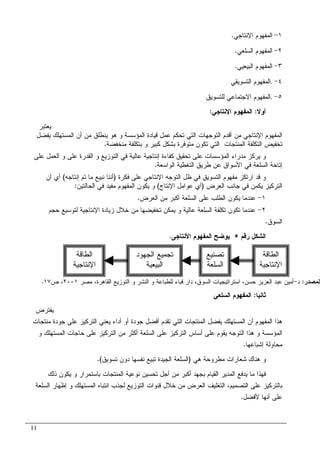 11
١-‫ﺍﻹﻨﺘﺎﺠﻲ‬ ‫ﺍﻝﻤﻔﻬﻭﻡ‬.
٢-‫ﺍﻝﺴﻠﻌﻲ‬ ‫ﺍﻝﻤﻔﻬﻭﻡ‬.
٣-‫ﺍﻝﺒﻴﻌﻴﻲ‬ ‫ﺍﻝﻤﻔﻬﻭﻡ‬.
٤-.‫ﺍﻝﺘﺴﻭﻴﻘﻲ‬ ‫ﺍﻝﻤﻔﻬﻭﻡ‬
٥-.‫ﻝﻠﺘﺴﻭﻴﻕ‬ ‫ﺍﻻﺠﺘﻤﺎﻋﻲ‬ ‫ﺍﻝﻤﻔﻬﻭﻡ‬
‫ﺃﻭﻻ‬:‫ﺍﻹﻨﺘﺎﺠﻲ‬ ‫ﺍﻝﻤﻔﻬﻭﻡ‬:
‫ﻴﻌﺘﺒﺭ‬
‫ﻴﻔﻀل‬ ‫ﺍﻝﻤﺴﺘﻬﻠﻙ‬ ‫ﺃﻥ‬ ‫ﻤﻥ‬ ‫ﻴﻨﻁﻠﻕ‬ ‫ﻫﻭ‬ ‫ﻭ‬ ‫ﺍﻝﻤﺅﺴﺴﺔ‬ ‫ﻗﻴﺎﺩﺓ‬ ‫ﻋﻤل‬ ‫ﺘﺤﻜﻡ‬ ‫ﺍﻝﺘﻲ‬ ‫ﺍﻝﺘﻭﺠﻬﺎﺕ‬ ‫ﺃﻗﺩﻡ‬ ‫ﻤﻥ‬ ‫ﺍﻹﻨﺘﺎﺠﻲ‬ ‫ﺍﻝﻤﻔﻬﻭﻡ‬
‫ﻤﻨﺨﻔﻀﺔ‬ ‫ﺒﺘﻜﻠﻔﺔ‬ ‫ﻭ‬ ‫ﻜﺒﻴﺭ‬ ‫ﺒﺸﻜل‬ ‫ﻤﺘﻭﻓﺭﺓ‬ ‫ﺘﻜﻭﻥ‬ ‫ﺍﻝﺘﻲ‬ ‫ﺍﻝﻤﻨﺘﺠﺎﺕ‬ ‫ﺍﻝﺘﻜﻠﻔﺔ‬ ‫ﺘﺨﻔﻴﺽ‬.
‫ﻋﻠﻰ‬ ‫ﺍﻝﻌﻤل‬ ‫ﻭ‬ ‫ﻋﻠﻰ‬ ‫ﺍﻝﻘﺩﺭﺓ‬ ‫ﻭ‬ ‫ﺍﻝﺘﻭﺯﻴﻊ‬ ‫ﻓﻲ‬ ‫ﻋﺎﻝﻴﺔ‬ ‫ﺇﻨﺘﺎﺠﻴﺔ‬ ‫ﻜﻔﺎﺀﺓ‬ ‫ﺘﺤﻘﻴﻕ‬ ‫ﻋﻠﻰ‬ ‫ﺍﻝﻤﺅﺴﺴﺎﺕ‬ ‫ﻤﺩﺭﺍﺀ‬ ‫ﻴﺭﻜﺯ‬ ‫ﻭ‬
‫ﺍﻝﻭﺍﺴﻌﺔ‬ ‫ﺍﻝﺘﻐﻁﻴﺔ‬ ‫ﻁﺭﻴﻕ‬ ‫ﻋﻥ‬ ‫ﺍﻷﺴﻭﺍﻕ‬ ‫ﻓﻲ‬ ‫ﺍﻝﺴﻠﻌﺔ‬ ‫ﺇﺘﺎﺤﺔ‬.
‫ﻋﻠﻰ‬ ‫ﺍﻹﻨﺘﺎﺠﻲ‬ ‫ﺍﻝﺘﻭﺠﻪ‬ ‫ﻅل‬ ‫ﻓﻲ‬ ‫ﺍﻝﺘﺴﻭﻴﻕ‬ ‫ﻤﻔﻬﻭﻡ‬ ‫ﺍﺭﺘﻜﺯ‬ ‫ﻗﺩ‬ ‫ﻭ‬‫ﻓﻜﺭﺓ‬)‫ﺇﻨﺘﺎﺠﻪ‬ ‫ﺘﻡ‬ ‫ﻤﺎ‬ ‫ﻨﺒﻴﻊ‬ ‫ﺃﻨﻨﺎ‬(‫ﺃﻥ‬ ‫ﺃﻱ‬
‫ﻴﻜﻤ‬ ‫ﺍﻝﺘﺭﻜﻴﺯ‬‫ﻥ‬‫ﺍﻝﻌﺭﺽ‬ ‫ﺠﺎﻨﺏ‬ ‫ﻓﻲ‬)‫ﺍﻹﻨﺘﺎﺝ‬ ‫ﻋﻭﺍﻤل‬ ‫ﺃﻱ‬(‫ﺍﻝﺤﺎﻝﺘﻴﻥ‬ ‫ﻓﻲ‬ ‫ﻤﻔﻴﺩ‬ ‫ﺍﻝﻤﻔﻬﻭﻡ‬ ‫ﻴﻜﻭﻥ‬ ‫ﻭ‬:
١-‫ﺍﻝﻌﺭﺽ‬ ‫ﻤﻥ‬ ‫ﺃﻜﺒﺭ‬ ‫ﺍﻝﺴﻠﻌﺔ‬ ‫ﻋﻠﻰ‬ ‫ﺍﻝﻁﻠﺏ‬ ‫ﻴﻜﻭﻥ‬ ‫ﻋﻨﺩﻤﺎ‬.
٢-‫ﺤﺠﻡ‬ ‫ﻝﺘﻭﺴﻴﻊ‬ ‫ﺍﻹﻨﺘﺎﺠﻴﺔ‬ ‫ﺯﻴﺎﺩﺓ‬ ‫ﺨﻼل‬ ‫ﻤﻥ‬ ‫ﺘﺨﻔﻴﻀﻬﺎ‬ ‫ﻴﻤﻜﻥ‬ ‫ﻭ‬ ‫ﻋﺎﻝﻴﺔ‬ ‫ﺍﻝﺴﻠﻌﺔ‬ ‫ﺘﻜﻠﻔﺔ‬ ‫ﺘﻜﻭﻥ‬ ‫ﻋﻨﺩﻤﺎ‬
‫ﺍﻝﺴﻭﻕ‬.
‫ﺍﻝﺸ‬‫ﺭﻗﻡ‬ ‫ﻜل‬٥‫ﺍﻷﻨﺘﺎﺠﻰ‬ ‫ﺍﻝﻤﻔﻬﻭﻡ‬ ‫ﻴﻭﻀﺢ‬.
‫ﺜﺎﻨﻴﺎ‬:‫ﺍﻝﺴﻠﻌﻲ‬ ‫ﺍﻝﻤﻔﻬﻭﻡ‬
‫ﻴﻔﺘﺭﺽ‬
‫ﻴ‬ ‫ﺍﻝﻤﺴﺘﻬﻠﻙ‬ ‫ﺃﻥ‬ ‫ﺍﻝﻤﻔﻬﻭﻡ‬ ‫ﻫﺫﺍ‬‫ﻤﻨﺘﺠﺎﺕ‬ ‫ﺠﻭﺩﺓ‬ ‫ﻋﻠﻰ‬ ‫ﺍﻝﺘﺭﻜﻴﺯ‬ ‫ﻴﻌﻨﻲ‬ ‫ﺃﺩﺍﺀ‬ ‫ﺃﻭ‬ ‫ﺠﻭﺩﺓ‬ ‫ﺃﻓﻀل‬ ‫ﺘﻘﺩﻡ‬ ‫ﺍﻝﺘﻲ‬ ‫ﺍﻝﻤﻨﺘﺠﺎﺕ‬ ‫ﻔﻀل‬
‫ﻭ‬ ‫ﺍﻝﻤﺴﺘﻬﻠﻙ‬ ‫ﺤﺎﺠﺎﺕ‬ ‫ﻋﻠﻰ‬ ‫ﺍﻝﺘﺭﻜﻴﺯ‬ ‫ﻤﻥ‬ ‫ﺃﻜﺜﺭ‬ ‫ﺍﻝﺴﻠﻌﺔ‬ ‫ﻋﻠﻰ‬ ‫ﺍﻝﺘﺭﻜﻴﺯ‬ ‫ﺃﺴﺎﺱ‬ ‫ﻋﻠﻰ‬ ‫ﻴﻘﻭﻡ‬ ‫ﺍﻝﺘﻭﺠﻪ‬ ‫ﻫﺫﺍ‬ ‫ﻭ‬ ‫ﺍﻝﻤﺅﺴﺴﺔ‬
‫ﻤﺤﺎﻭﻝ‬‫ﺇﺸﺒﺎﻋﻬﺎ‬ ‫ﺔ‬.
‫ﻫﻲ‬ ‫ﻤﻁﺭﻭﺤﺔ‬ ‫ﺸﻌﺎﺭﺍﺕ‬ ‫ﻫﻨﺎﻙ‬ ‫ﻭ‬)‫ﺘﺴﻭﻴﻕ‬ ‫ﺩﻭﻥ‬ ‫ﻨﻔﺴﻬﺎ‬ ‫ﺘﺒﻴﻊ‬ ‫ﺍﻝﺠﻴﺩﺓ‬ ‫ﺍﻝﺴﻠﻌﺔ‬.(
‫ﺫﻝﻙ‬ ‫ﻴﻜﻭﻥ‬ ‫ﻭ‬ ‫ﺒﺎﺴﺘﻤﺭﺍﺭ‬ ‫ﺍﻝﻤﻨﺘﺠﺎﺕ‬ ‫ﻨﻭﻋﻴﺔ‬ ‫ﺘﺤﺴﻴﻥ‬ ‫ﺃﺠل‬ ‫ﻤﻥ‬ ‫ﺃﻜﺒﺭ‬ ‫ﺒﺠﻬﺩ‬ ‫ﺍﻝﻘﻴﺎﻡ‬ ‫ﺍﻝﻤﺩﻴﺭ‬ ‫ﻴﺩﻓﻊ‬ ‫ﻤﺎ‬ ‫ﻓﻬﺫﺍ‬
‫ﺍﻝﺴﻠﻌﺔ‬ ‫ﺇﻅﻬﺎﺭ‬ ‫ﻭ‬ ‫ﺍﻝﻤﺴﺘﻬﻠﻙ‬ ‫ﺍﻨﺘﺒﺎﻩ‬ ‫ﻝﺠﺫﺏ‬ ‫ﺍﻝﺘﻭﺯﻴﻊ‬ ‫ﻗﻨﻭﺍﺕ‬ ‫ﺨﻼل‬ ‫ﻤﻥ‬ ‫ﺍﻝﻌﺭﺽ‬ ‫ﺍﻝﺘﻐﻠﻴﻑ‬ ،‫ﺍﻝﺘﺼﻤﻴﻡ‬ ‫ﻋﻠﻰ‬ ‫ﺒﺎﻝﺘﺭﻜﻴﺯ‬
‫ﻋﻠﻰ‬‫ﻷﻓﻀل‬ ‫ﺃﻨﻬﺎ‬.
‫ﺍﻝﻁﺎﻗﺔ‬
‫ﺍﻹﻨﺘﺎﺠﻴﺔ‬
‫ﺘﺼﻨﻴﻊ‬
‫ﺍﻝﺴﻠﻌﺔ‬
‫ﺍﻝﺠﻬﻭﺩ‬ ‫ﺘﺠﻤﻴﻊ‬
‫ﺍﻝﺒﻴﻌﻴﺔ‬
‫ﺍﻝﻁﺎﻗﺔ‬
‫ﺍﻹﻨﺘﺎﺠﻴﺔ‬
‫ﺍﻝﻤﺼﺩﺭ‬:‫ﺩ‬-‫ﻤﺼﺭ‬ ،‫ﺍﻝﻘﺎﻫﺭﺓ‬ ‫ﺍﻝﺘﻭﺯﻴﻊ‬ ‫ﻭ‬ ‫ﺍﻝﻨﺸﺭ‬ ‫ﻭ‬ ‫ﻝﻠﻁﺒﺎﻋﺔ‬ ‫ﻗﺒﺎﺀ‬ ‫ﺩﺍﺭ‬ ،‫ﺍﻝﺴﻭﻕ‬ ‫ﺍﺴﺘﺭﺍﺘﻴﺠﻴﺎﺕ‬ ،‫ﺤﺴﻥ‬ ‫ﺍﻝﻌﺯﻴﺯ‬ ‫ﻋﺒﺩ‬ ‫ﺃﻤﻴﻥ‬٢٠٠١‫ﺹ‬ ،١٧.
 