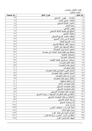 ‫ﻭﺍﻝﺠﺩﺍﻭل‬ ‫ﺍﻷﺸﻜﺎل‬ ‫ﻗﺎﺌﻤﺔ‬.
‫ﺃ‬-‫ﺍﻷﺸﻜﺎل‬ ‫ﻗﺎﺌﻤﺔ‬:
‫ﺍﻝﺸﻜل‬ ‫ﺭﻗﻡ‬‫ﺍﻝﺸﻜل‬ ‫ﻋﻨﻭﺍﻥ‬‫ﺍﻝﺼﻔﺤﺔ‬ ‫ﺭﻗﻡ‬
٠١‫ﺍﻝﺘﺴﻭﻴﻘﻲ‬ ‫ﻤﻔﻬﻭﻡ‬ ‫ﻤﻜﻭﻨﺎﺕ‬٠٣
٠٢‫ﺍﻝﺘﺒﺎﺩل‬ ‫ﻁﺭﻓﻲ‬ ‫ﺘﻭﻗﻌﺎﺕ‬٠٧
٠٣‫ﺍﻝﺘﺴﻭﻴﻘﻲ‬ ‫ﺍﻝﻨﺸﺎﻁ‬ ‫ﻋﻨﺎﺼﺭ‬٠٨
٠٤‫ﺍﻝﺘﺒﺎﺩل‬ ‫ﻋﻤﻠﻴﺔ‬٠٩
٠٥‫ﺍﻹﻨﺘﺎﺠﻲ‬ ‫ﻤﻔﻬﻭﻡ‬١١
٠٦‫ﺍﻝﺘﺴﻭﻴﻘﻲ‬ ‫ﺍﻝﻨﺸﺎﻁ‬ ‫ﻴﻘﺩﻤﻬﺎ‬ ‫ﺍﻝﺘﻲ‬ ‫ﺍﻝﻤﻨﺎﻓﻊ‬١٥
٠٧‫ﺍﻝﺘﺴﻭﻴﻕ‬ ‫ﻭﻅﺎﺌﻑ‬١٧
٠٨‫ﺍﻝﺘﺴﻭﻴﻘﻲ‬ ‫ﺍﻝﻤﺯﻴﺞ‬ ‫ﻋﻨﺎﺼﺭ‬ ‫ﻤﺨﺘﻠﻑ‬١٩
٠٩‫ﺍﻝﺘﺴﻭﻴﻕ‬ ‫ﻹﺩﺍﺭﺓ‬ ‫ﺍﻝﺭﺃﺴﻲ‬ ‫ﺍﻝﻨﺸﺎﻁ‬٢٢
١٠‫ﻜﻌﻤﻠﻴﺔ‬ ‫ﺍﻝﺘﺴﻭﻴﻕ‬ ‫ﺇﺩﺍﺭﺓ‬٢٣
١١‫ﻝﻠﺘﺴﻭﻴﻕ‬ ‫ﺍﻝﻤﺨﺘﻠﻔﺔ‬ ‫ﺍﻝﻨﻅﺭ‬ ‫ﻭﺠﻬﺎﺕ‬٢٥
١٢‫ﺍﻹﻨﺘﺎﺝ‬ ‫ﻋﻠﻰ‬ ‫ﺍﻝﺘﺴﻭﻴﻘﻴﺔ‬ ‫ﺍﺴﺒﺎﻗﻴﺔ‬٢٦
١٣‫ﺍﻝﻤﻌﻠﻭﻤﺎﺕ‬ ‫ﺤﻭل‬ ‫ﺃﺴﺎﺴﻴﺔ‬ ‫ﻤﻔﺎﻫﻴﻡ‬٣٤
١٤‫ﺘﺤﻭﻴل‬ ‫ﻜﻴﻔﻴﺔ‬ ‫ﻴﺒﻴﻥ‬ ‫ﻤﺨﻁﻁ‬‫ﻤﻌﻠﻭﻤﺎﺕ‬ ‫ﺇﻝﻰ‬ ‫ﺍﻝﺒﻴﺎﻨﺎﺕ‬٣٥
١٥‫ﺍﻝﻤﺘﺘﺎﺒﻌﺔ‬ ‫ﺍﻝﻤﺩﺨﻼﺕ‬٥١
١٦‫ﺍﻝﻌﺸﻭﺍﺌﻴﺔ‬ ‫ﺍﻝﻤﺩﺨﻼﺕ‬٥١
١٧‫ﺍﻝﻌﻜﺴﻴﺔ‬ ‫ﺍﻝﺘﻐﺫﻴﺔ‬ ‫ﻁﺭﻴﻕ‬ ‫ﻋﻥ‬ ‫ﻤﺩﺨﻼﺕ‬٥٢
١٨‫ﺒﺎﻝﻤﺅﺴﺴﺔ‬ ‫ﺍﻝﻨﻅﻡ‬ ‫ﻤﻜﺎﻨﺔ‬٥٧
١٩‫ﺍﻝﻤﻌﻠﻭﻤﺎﺕ‬ ‫ﻨﻅﺎﻡ‬ ‫ﺘﺸﻐﻴل‬٥٩
٢٠‫ﺍﻝﻤﻌﻠﻭﻤﺎﺕ‬ ‫ﻨﻅﺎﻡ‬٦٠
٢١‫ﺍﻝﻤﻌﻠﻭﻤﺎﺕ‬ ‫ﻝﻨﻅﻡ‬ ‫ﻭﺍﻻﺠﺘﻤﺎﻋﻲ‬ ‫ﺍﻝﻔﻨﻲ‬ ‫ﺍﻝﻤﺩﺨل‬٦١
٢٢‫ﺍﻝﻤﻌﺎﺼﺭ‬ ‫ﺍﻝﻤﺩﺨل‬‫ﺍﻝﻤﻌﻠﻭﻤﺎﺕ‬ ‫ﻝﻨﻅﻡ‬٦٢
٢٣‫ﺍﻝﻤﻌﻠﻭﻤﺎﺕ‬ ‫ﻨﻅﺎﻡ‬ ‫ﻋﻥ‬ ‫ﻨﻤﻭﺫﺝ‬٦٣
٢٤‫ﺍﻝﻤﻌﻠﻭﻤﺎﺕ‬ ‫ﻨﻅﺎﻡ‬ ‫ﻭﻤﻬﺎﻡ‬ ‫ﻭﻅﺎﺌﻑ‬٦٩
٢٥‫ﺍﻝﻭﻅﻴﻔﻴﺔ‬ ‫ﺍﻝﻨﻅﻡ‬ ‫ﺃﻨﻭﺍﻉ‬٧٠
٢٦‫ﺍﻹﻨﺘﺎﺝ‬ ‫ﺍﻝﻤﻌﻠﻭﻤﺎﺕ‬ ‫ﻨﻅﺎﻡ‬٧٠
٢٧‫ﺍﻝﺘﺴﻭﻴﻘﻲ‬ ‫ﺍﻝﻤﻌﻠﻭﻤﺎﺕ‬ ‫ﻨﻅﺎﻡ‬٧١
٢٨‫ﺍﻝﺘﺴﻭﻴﻘﻲ‬ ‫ﺍﻝﻤﻌﻠﻭﻤﺎﺕ‬ ‫ﻨﻅﺎﻡ‬٨٣
٢٩‫ﺍﻝﺘﺴﻭﻴﻘﻲ‬ ‫ﺍﻝﻤﻌﻠﻭﻤﺎﺕ‬ ‫ﻨﻅﺎﻡ‬ ‫ﻤﻜﻭﻨﺎﺕ‬٨٧
٣٠‫ﺒﻴﻥ‬ ‫ﻋﻼﻗﺔ‬‫ﺍﻝﺘﺴﻭﻴﻕ‬ ‫ﺒﺤﻭﺙ‬ ‫ﻭ‬ ‫ﺍﻝﺘﺴﻭﻴﻘﻴﺔ‬ ‫ﺍﻝﻤﻌﻠﻭﻤﺎﺕ‬ ‫ﻨﻅﺎﻡ‬٩٠
٣١‫ﺍﻝﺘﺴﻭﻴﻘﻲ‬ ‫ﺍﻝﻤﻌﻠﻭﻤﺎﺕ‬ ‫ﻨﻅﺎﻡ‬ ‫ﻤﻥ‬ ‫ﺍﻻﺴﺘﻔﺎﺩﺓ‬٩٤
٣٢‫ﺍﻝﺘﺴﻭﻴﻘﻲ‬ ‫ﺍﻝﺒﺤﺙ‬ ‫ﻤﺭﺍﺤل‬٩٧
٣٣‫ﺍﻝﺘﺴﻭﻴﻕ‬ ‫ﺒﺤﻭﺙ‬ ‫ﺃﻨﻭﺍﻉ‬١١١
٣٤‫ﺍﻝﺭﺸﺩ‬ ‫ﺃﻨﻭﺍﻉ‬١٢٨
٣٥‫ﺍﻷﺨﺭﻯ‬ ‫ﺍﻝﻭﻅﺎﺌﻑ‬ ‫ﻭ‬ ‫ﺍﻝﻘﺭﺍﺭﺍﺕ‬ ‫ﺍﺘﺨﺎﺫ‬١٣٣
٣٦‫ﺍﻝﺒﺩﺍﺌل‬ ‫ﺘﻘﻴﻴﻡ‬ ‫ﺠﺩﻭل‬١٤٤
٣٧‫ﺍﻝﻤﺅﺜﺭ‬ ‫ﺍﻝﻌﻭﺍﻤل‬‫ﺓ‬‫ﺍﺘ‬ ‫ﻓﻲ‬‫ﺍﻝﻘﺭﺍﺭ‬ ‫ﺨﺎﺫ‬١٤٩
٣٨‫ﺍﻝﻘﺭﺍﺭ‬ ‫ﺩﻗﺔ‬ ‫ﺩﺭﺠﺔ‬ ‫ﻭ‬ ‫ﺍﻝﻤﺘﺎﺡ‬ ‫ﺍﻝﺯﻤﻥ‬ ‫ﺒﻴﻥ‬ ‫ﻋﻼﻗﺔ‬١٥١
٣٩‫ﺍﻝﻘﺭﺍﺭ‬ ‫ﻝﺸﺠﺭﺓ‬ ‫ﺍﻝﻌﺎﻡ‬ ‫ﺍﻝﻬﻴﻜل‬١٥٨
 
