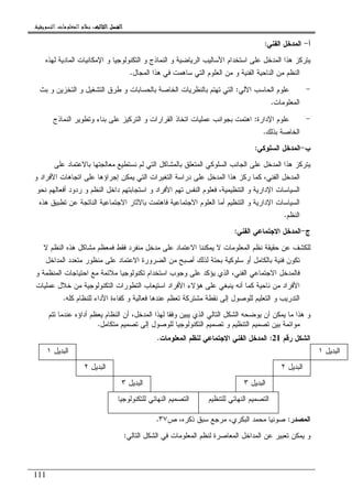 ‫ﺍﻟﺜﺎﻟﺚ‬ ‫ﺍﻟﻔﺼﻞ‬‫ﺍﻟﺜﺎﻟﺚ‬ ‫ﺍﻟﻔﺼﻞ‬‫ﺍﻟﺜﺎﻟﺚ‬ ‫ﺍﻟﻔﺼﻞ‬‫ﺍﻟﺜﺎﻟﺚ‬ ‫ﺍﻟﻔﺼﻞ‬::::‫ﺍﻟﺘﺴﻮﻳﻘﻴﺔ‬ ‫ﺍﻟﻤﻌﻠﻮﻣﺎﺕ‬ ‫ﻧﻈﺎﻡ‬.
111
‫ﺃ‬-‫ﺍﻝﻔﻨﻲ‬ ‫ﺍﻝﻤﺩﺨل‬:
‫ﻝﻬﺫﻩ‬ ‫ﺍﻝﻤﺎﺩﻴﺔ‬ ‫ﺍﻹﻤﻜﺎﻨﻴﺎﺕ‬ ‫ﻭ‬ ‫ﺍﻝﺘﻜﻨﻭﻝﻭﺠﻴﺎ‬ ‫ﻭ‬ ‫ﺍﻝﻨﻤﺎﺫﺝ‬ ‫ﻭ‬ ‫ﺍﻝﺭﻴﺎﻀﻴﺔ‬ ‫ﺍﻷﺴﺎﻝﻴﺏ‬ ‫ﺍﺴﺘﺨﺩﺍﻡ‬ ‫ﻋﻠﻰ‬ ‫ﺍﻝﻤﺩﺨل‬ ‫ﻫﺫﺍ‬ ‫ﻴﺘﺭﻜﺯ‬
‫ﺍﻝﻤﺠﺎل‬ ‫ﻫﺫﺍ‬ ‫ﻓﻲ‬ ‫ﺴﺎﻫﻤﺕ‬ ‫ﺍﻝﺘﻲ‬ ‫ﺍﻝﻌﻠﻭﻡ‬ ‫ﻤﻥ‬ ‫ﻭ‬ ‫ﺍﻝﻔﻨﻴﺔ‬ ‫ﺍﻝﻨﺎﺤﻴﺔ‬ ‫ﻤﻥ‬ ‫ﺍﻝﻨﻅﻡ‬.
-‫ﺍﻵﻝﻲ‬ ‫ﺍﻝﺤﺎﺴﺏ‬ ‫ﻋﻠﻭﻡ‬:‫ﻭ‬ ‫ﺍﻝﺘﺸﻐﻴل‬ ‫ﻁﺭﻕ‬ ‫ﻭ‬ ‫ﺒﺎﻝﺤﺴﺎﺒﺎﺕ‬ ‫ﺍﻝﺨﺎﺼﺔ‬ ‫ﺒﺎﻝﻨﻅﺭﻴﺎﺕ‬ ‫ﺘﻬﺘﻡ‬ ‫ﺍﻝﺘﻲ‬‫ﺒﺙ‬ ‫ﻭ‬ ‫ﺍﻝﺘﺨﺯﻴﻥ‬
‫ﺍﻝﻤﻌﻠﻭﻤﺎﺕ‬.
-‫ﺍﻹﺩﺍﺭﺓ‬ ‫ﻋﻠﻭﻡ‬:‫ﺍﻝﻨﻤﺎﺫﺝ‬ ‫ﻭﺘﻁﻭﻴﺭ‬ ‫ﺒﻨﺎﺀ‬ ‫ﻋﻠﻰ‬ ‫ﺍﻝﺘﺭﻜﻴﺯ‬ ‫ﻭ‬ ‫ﺍﻝﻘﺭﺍﺭﺍﺕ‬ ‫ﺍﺘﺨﺎﺫ‬ ‫ﻋﻤﻠﻴﺎﺕ‬ ‫ﺒﺠﻭﺍﻨﺏ‬ ‫ﺍﻫﺘﻤﺕ‬
‫ﺒﺫﻝﻙ‬ ‫ﺍﻝﺨﺎﺼﺔ‬.
‫ﺏ‬-‫ﺍﻝﺴﻠﻭﻜﻲ‬ ‫ﺍﻝﻤﺩﺨل‬:
‫ﻋﻠﻰ‬ ‫ﺒﺎﻻﻋﺘﻤﺎﺩ‬ ‫ﻤﻌﺎﻝﺠﺘﻬﺎ‬ ‫ﻨﺴﺘﻁﻴﻊ‬ ‫ﻝﻡ‬ ‫ﺍﻝﺘﻲ‬ ‫ﺒﺎﻝﻤﺸﺎﻜل‬ ‫ﺍﻝﻤﺘﻌﻠﻕ‬ ‫ﺍﻝﺴﻠﻭﻜﻲ‬ ‫ﺍﻝﺠﺎﻨﺏ‬ ‫ﻋﻠﻰ‬ ‫ﺍﻝﻤﺩﺨل‬ ‫ﻫﺫﺍ‬ ‫ﻴﺘﺭﻜﺯ‬
‫ﺍ‬ ‫ﻫﺫﺍ‬ ‫ﺭﻜﺯ‬ ‫ﻜﻤﺎ‬ ،‫ﺍﻝﻔﻨﻲ‬ ‫ﺍﻝﻤﺩﺨل‬‫ﻭ‬ ‫ﺍﻷﻓﺭﺍﺩ‬ ‫ﺍﺘﺠﺎﻫﺎﺕ‬ ‫ﻋﻠﻰ‬ ‫ﺇﺠﺭﺍﺅﻫﺎ‬ ‫ﻴﻤﻜﻥ‬ ‫ﺍﻝﺘﻲ‬ ‫ﺍﻝﺘﻐﻴﺭﺍﺕ‬ ‫ﺩﺭﺍﺴﺔ‬ ‫ﻋﻠﻰ‬ ‫ﻝﻤﺩﺨل‬
‫ﻨﺤﻭ‬ ‫ﺃﻓﻌﺎﻝﻬﻡ‬ ‫ﺭﺩﻭﺩ‬ ‫ﻭ‬ ‫ﺍﻝﻨﻅﻡ‬ ‫ﺩﺍﺨل‬ ‫ﺍﺴﺘﺠﺎﺒﺘﻬﻡ‬ ‫ﻭ‬ ‫ﺍﻷﻓﺭﺍﺩ‬ ‫ﺘﻬﻡ‬ ‫ﺍﻝﻨﻔﺱ‬ ‫ﻓﻌﻠﻭﻡ‬ ،‫ﺍﻝﺘﻨﻅﻴﻤﻴﺔ‬ ‫ﻭ‬ ‫ﺍﻹﺩﺍﺭﻴﺔ‬ ‫ﺍﻝﺴﻴﺎﺴﺎﺕ‬
‫ﻫ‬ ‫ﺘﻁﺒﻴﻕ‬ ‫ﻋﻥ‬ ‫ﺍﻝﻨﺎﺘﺠﺔ‬ ‫ﺍﻻﺠﺘﻤﺎﻋﻴﺔ‬ ‫ﺒﺎﻵﺜﺎﺭ‬ ‫ﻓﺎﻫﺘﻤﺕ‬ ‫ﺍﻻﺠﺘﻤﺎﻋﻴﺔ‬ ‫ﺍﻝﻌﻠﻭﻡ‬ ‫ﺃﻤﺎ‬ ‫ﺍﻝﺘﻨﻅﻴﻡ‬ ‫ﻭ‬ ‫ﺍﻹﺩﺍﺭﻴﺔ‬ ‫ﺍﻝﺴﻴﺎﺴﺎﺕ‬‫ﺫﻩ‬
‫ﺍﻝﻨﻅﻡ‬.
‫ﺝ‬-‫ﺍﻝﻔﻨﻲ‬ ‫ﺍﻻﺠﺘﻤﺎﻋﻲ‬ ‫ﺍﻝﻤﺩﺨل‬:
‫ﻻ‬ ‫ﺍﻝﻨﻅﻡ‬ ‫ﻫﺫﻩ‬ ‫ﻤﺸﺎﻜل‬ ‫ﻓﻤﻌﻅﻡ‬ ‫ﻓﻘﻁ‬ ‫ﻤﻨﻔﺭﺩ‬ ‫ﻤﺩﺨل‬ ‫ﻋﻠﻰ‬ ‫ﺍﻻﻋﺘﻤﺎﺩ‬ ‫ﻴﻤﻜﻨﻨﺎ‬ ‫ﻻ‬ ‫ﺍﻝﻤﻌﻠﻭﻤﺎﺕ‬ ‫ﻨﻅﻡ‬ ‫ﺤﻘﻴﻘﺔ‬ ‫ﻋﻥ‬ ‫ﻝﻠﻜﺸﻑ‬
‫ﺍﻝﻤﺩﺍﺨل‬ ‫ﻤﺘﻌﺩﺩ‬ ‫ﻤﻨﻅﻭﺭ‬ ‫ﻋﻠﻰ‬ ‫ﺍﻻﻋﺘﻤﺎﺩ‬ ‫ﺍﻝﻀﺭﻭﺭﺓ‬ ‫ﻤﻥ‬ ‫ﺃﺼﺒﺢ‬ ‫ﻝﺫﻝﻙ‬ ‫ﺒﺤﺘﺔ‬ ‫ﺴﻠﻭﻜﻴﺔ‬ ‫ﺃﻭ‬ ‫ﺒﺎﻝﻜﺎﻤل‬ ‫ﻓﻨﻴﺔ‬ ‫ﺘﻜﻭﻥ‬
‫ﻭﺠ‬ ‫ﻋﻠﻰ‬ ‫ﻴﺅﻜﺩ‬ ‫ﺍﻝﺫﻱ‬ ،‫ﺍﻝﻔﻨﻲ‬ ‫ﺍﻻﺠﺘﻤﺎﻋﻲ‬ ‫ﻓﺎﻝﻤﺩﺨل‬‫ﻭ‬ ‫ﺍﻝﻤﻨﻅﻤﺔ‬ ‫ﺍﺤﺘﻴﺎﺠﺎﺕ‬ ‫ﻤﻊ‬ ‫ﻤﻼﺌﻤﺔ‬ ‫ﺘﻜﻨﻭﻝﻭﺠﻴﺎ‬ ‫ﺍﺴﺘﺨﺩﺍﻡ‬ ‫ﻭﺏ‬
‫ﻋﻤﻠﻴﺎﺕ‬ ‫ﺨﻼل‬ ‫ﻤﻥ‬ ‫ﺍﻝﺘﻜﻨﻭﻝﻭﺠﻴﺔ‬ ‫ﺍﻝﺘﻁﻭﺭﺍﺕ‬ ‫ﺍﺴﺘﻴﻌﺎﺏ‬ ‫ﺍﻷﻓﺭﺍﺩ‬ ‫ﻫﺅﻻﺀ‬ ‫ﻋﻠﻰ‬ ‫ﻴﻨﺒﻐﻲ‬ ‫ﺃﻨﻪ‬ ‫ﻜﻤﺎ‬ ‫ﻨﺎﺤﻴﺔ‬ ‫ﻤﻥ‬ ‫ﺍﻷﻓﺭﺍﺩ‬
‫ﻜﻠﻪ‬ ‫ﻝﻠﻨﻅﺎﻡ‬ ‫ﺍﻷﺩﺍﺀ‬ ‫ﻜﻔﺎﺀﺓ‬ ‫ﻭ‬ ‫ﻓﻌﺎﻝﻴﺔ‬ ‫ﻋﻨﺩﻫﺎ‬ ‫ﺘﻌﻅﻡ‬ ‫ﻤﺸﺘﺭﻜﺔ‬ ‫ﻨﻘﻁﺔ‬ ‫ﺇﻝﻰ‬ ‫ﻝﻠﻭﺼﻭل‬ ‫ﺍﻝﺘﻌﻠﻴﻡ‬ ‫ﻭ‬ ‫ﺍﻝﺘﺩﺭﻴﺏ‬.
‫ﺍﻝﺸﻜ‬ ‫ﻴﻭﻀﺤﻪ‬ ‫ﺃﻥ‬ ‫ﻴﻤﻜﻥ‬ ‫ﻤﺎ‬ ‫ﻫﺫﺍ‬ ‫ﻭ‬‫ﺘﺘﻡ‬ ‫ﻋﻨﺩﻤﺎ‬ ‫ﺃﺩﺍﺅﻩ‬ ‫ﻴﻌﻅﻡ‬ ‫ﺍﻝﻨﻅﺎﻡ‬ ‫ﺃﻥ‬ ،‫ﺍﻝﻤﺩﺨل‬ ‫ﻝﻬﺫﺍ‬ ‫ﻭﻓﻘﺎ‬ ‫ﻴﺒﻴﻥ‬ ‫ﺍﻝﺫﻱ‬ ‫ﺍﻝﺘﺎﻝﻲ‬ ‫ل‬
‫ﻤﺘﻜﺎﻤل‬ ‫ﺘﺼﻤﻴﻡ‬ ‫ﺇﻝﻰ‬ ‫ﻝﻠﻭﺼﻭل‬ ‫ﺍﻝﺘﻜﻨﻭﻝﻭﺠﻴﺎ‬ ‫ﺘﺼﻤﻴﻡ‬ ‫ﻭ‬ ‫ﺍﻝﺘﻨﻅﻴﻡ‬ ‫ﺘﺼﻤﻴﻡ‬ ‫ﺒﻴﻥ‬ ‫ﻤﻭﺍﺌﻤﺔ‬.
‫ﺭﻗﻡ‬ ‫ﺍﻝﺸﻜل‬21:‫ﺍﻝﻤﻌﻠﻭﻤﺎﺕ‬ ‫ﻝﻨﻅﻡ‬ ‫ﺍﻻﺠﺘﻤﺎﻋﻲ‬ ‫ﺍﻝﻔﻨﻲ‬ ‫ﺍﻝﻤﺩﺨل‬.
‫ﺍﻝﻤﺼﺩﺭ‬:‫ﺹ‬ ،‫ﺫﻜﺭﻩ‬ ‫ﺴﺒﻕ‬ ‫ﻤﺭﺠﻊ‬ ،‫ﺍﻝﺒﻜﺭﻱ‬ ‫ﻤﺤﻤﺩ‬ ‫ﺼﻭﻨﻴﺎ‬٣٧.
‫ﺘﻌﺒﻴﺭ‬ ‫ﻴﻤﻜﻥ‬ ‫ﻭ‬‫ﺍﻝﺘﺎﻝﻲ‬ ‫ﺍﻝﺸﻜل‬ ‫ﻓﻲ‬ ‫ﺍﻝﻤﻌﻠﻭﻤﺎﺕ‬ ‫ﻝﻨﻅﻡ‬ ‫ﺍﻝﻤﻌﺎﺼﺭﺓ‬ ‫ﺍﻝﻤﺩﺍﺨل‬ ‫ﻋﻥ‬:
‫ﺍﻝﺒﺩﻴل‬١
‫ﺍﻝﺒﺩﻴل‬٢
‫ﺍﻝﺒﺩﻴل‬٣
‫ﺍﻝﺒﺩﻴل‬١
‫ﺍﻝﺒﺩﻴل‬٢
‫ﺍﻝﺒﺩﻴل‬٣
‫ﻝﻠﺘﻨﻅﻴﻡ‬ ‫ﺍﻝﻨﻬﺎﺌﻲ‬ ‫ﺍﻝﺘﺼﻤﻴﻡ‬‫ﻝﻠﺘﻜﻨﻭﻝﻭﺠﻴﺎ‬ ‫ﺍﻝﻨﻬﺎﺌﻲ‬ ‫ﺍﻝﺘﺼﻤﻴﻡ‬
 