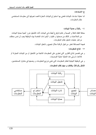 ‫ﺍﻟﺜﺎﻟﺚ‬ ‫ﺍﻟﻔﺼﻞ‬‫ﺍﻟﺜﺎﻟﺚ‬ ‫ﺍﻟﻔﺼﻞ‬‫ﺍﻟﺜﺎﻟﺚ‬ ‫ﺍﻟﻔﺼﻞ‬‫ﺍﻟﺜﺎﻟﺚ‬ ‫ﺍﻟﻔﺼﻞ‬::::‫ﺍﻟﺘﺴﻮﻳﻘﻴﺔ‬ ‫ﺍﻟﻤﻌﻠﻮﻣﺎﺕ‬ ‫ﻧﻈﺎﻡ‬.
120
‫ﺝ‬-‫ﺍﻻﺴﺘﺩﻋﺎﺀ‬:
‫ﻝﻤﺴﺘﺨﺩﻤﻲ‬ ‫ﻤﻌﻠﻭﻤﺎﺕ‬ ‫ﺇﻝﻰ‬ ‫ﺘﺤﻭﻴﻠﻬﺎ‬ ‫ﻗﺼﺩ‬ ‫ﺍﻝﻤﺨﺯﻨﺔ‬ ‫ﺍﻝﺒﻴﺎﻨﺎﺕ‬ ‫ﺍﺴﺘﺨﺭﺍﺝ‬ ‫ﺒﻬﺎ‬ ‫ﻓﻨﻌﻨﻲ‬ ‫ﺍﻝﺒﻴﺎﻨﺎﺕ‬ ‫ﺍﺴﺘﺩﻋﺎﺀ‬ ‫ﻋﻤﻠﻴﺔ‬ ‫ﺃﻤﺎ‬
‫ﺍﻝﻤﻌﻠﻭﻤﺎﺕ‬ ‫ﻨﻅﺎﻡ‬.
٤-‫ﺍﻝﺒﻴﺎﻨﺎﺕ‬ ‫ﺤﻤﺎﻴﺔ‬ ‫ﻭ‬ ‫ﺭﻗﺎﺒﺔ‬:
‫ﻝ‬ ‫ﺘﻔﺎﺩﻴﺎ‬ ‫ﻭ‬ ‫ﺍﻝﺼﺤﺔ‬ ‫ﻭ‬ ‫ﻝﻠﺩﻗﺔ‬ ‫ﺍﻓﺘﻘﺎﺩ‬ ‫ﻤﺨﺎﻓﺔ‬‫ﺍﻝﺒﻴﺎﻨﺎﺕ‬ ‫ﺤﻤﺎﻴﺔ‬ ‫ﺃﻫﻤﻴﺔ‬ ‫ﺘﺒﺭﺯ‬ ‫ﺍﻝﺘﺸﻐﻴل‬ ‫ﺃﺜﻨﺎﺀ‬ ‫ﺍﻝﺒﻴﺎﻨﺎﺕ‬ ‫ﻓﻲ‬ ‫ﺃﺨﻁﺎﺀ‬ ‫ﻭﻗﻭﻉ‬
‫ﺍﻝﻤﺘﻼﻋﺒﺎ‬ ‫ﻤﻥ‬‫ﺕ‬‫ﻤﺨﺘﻠﻑ‬ ‫ﺘﻤﺱ‬ ‫ﺃﻥ‬ ‫ﻴﺠﺏ‬ ‫ﺍﻝﻭﻅﻴﻔﺔ‬ ‫ﺒﻬﺫﻩ‬ ‫ﺍﻝﺨﺎﺼﺔ‬ ‫ﺍﻹﺠﺭﺍﺀﺍﺕ‬ ‫ﻭ‬ ‫ﺩﻗﺘﻬﺎ‬ ‫ﻭ‬ ‫ﺼﺤﺘﻬﺎ‬ ‫ﻤﻥ‬ ‫ﺍﻝﺘﺄﻜﺩ‬ ‫ﻭ‬
‫ﺍﻝﻤﻌﻠﻭﻤﺎﺕ‬ ‫ﻨﻅﺎﻡ‬ ‫ﺘﺸﻐﻴل‬ ‫ﻋﻤﻠﻴﺎﺕ‬ ‫ﻤﺭﺍﺤل‬.
‫ﺍﻝﺒﻴﺎﻨﺎﺕ‬ ‫ﺘﺸﻐﻴل‬ ‫ﻭ‬ ‫ﺘﺠﻤﻴﻊ‬ ‫ﺨﻼل‬ ‫ﺍﻝﺭﻗﺎﺒﺔ‬ ‫ﻗﺒﻴل‬ ‫ﻤﻥ‬ ‫ﺘﻌﺘﺒﺭ‬ ‫ﺍﻝﻤﺼﺎﺩﻗﺔ‬ ‫ﻓﻤﻬﻤﺔ‬.
٥-‫ﺇﻨﺘ‬‫ﺍﻝﻤﻌﻠﻭﻤﺎﺕ‬ ‫ﺎﺝ‬:
‫ﺃﻭ‬ ‫ﺍﻝﻤﺨﺯﻨﺔ‬ ‫ﺍﻝﺒﻴﺎﻨﺎﺕ‬ ‫ﻤﻥ‬ ‫ﺃﻭ‬ ‫ﺍﻝﺘﺸﻐﻴل‬ ‫ﻤﻥ‬ ‫ﺍﻝﻨﺎﺘﺠﺔ‬ ‫ﺍﻝﻤﻌﻠﻭﻤﺎﺕ‬ ‫ﻋﻠﻰ‬ ‫ﺘﺤﺘﻭﻱ‬ ‫ﺍﻝﺘﻲ‬ ‫ﺍﻝﺘﻘﺎﺭﻴﺭ‬ ‫ﺇﻨﺘﺎﺝ‬ ‫ﺘﺘﻀﻤﻥ‬ ‫ﻫﻲ‬ ‫ﻭ‬
‫ﺍﻝﺘﻭﺼﻴﺎﺕ‬ ‫ﻋﻤﻠﻴﺔ‬ ‫ﺍﻝﻌﻤﻠﻴﺔ‬ ‫ﻫﺫﻩ‬ ‫ﻴﻠﻲ‬ ‫ﺜﻡ‬ ،‫ﻜﻼﻫﻤﺎ‬.
‫ﺍﻝﻤﺴﺘﺨﺩﻤﻴﻥ‬ ‫ﻤﺘﻨﺎﻭل‬ ‫ﻓﻲ‬ ‫ﻭﻀﻌﻬﺎ‬ ‫ﻭ‬ ‫ﺍﻝﻤﻌﻠﻭﻤﺎﺕ‬ ‫ﺘﻭﺯﻴﻊ‬ ‫ﺘﻌﻨﻲ‬ ‫ﺍﻝﺘﻲ‬ ‫ﺍﻝﻤﻌﻠﻭﻤﺎﺕ‬ ‫ﻝﻨﻅﺎﻡ‬ ‫ﺍﻝﻨﻬﺎﺌﻴﺔ‬ ‫ﺍﻝﻭﻅﻴﻔﺔ‬ ‫ﻫﻲ‬ ‫ﻭ‬.
‫ﺭﻗﻡ‬ ‫ﺍﻝﺸﻜل‬24:‫ﺍﻝﻤﻌﻠﻭﻤﺎﺕ‬ ‫ﻨﻅﺎﻡ‬ ‫ﻤﻬﺎﻡ‬ ‫ﻭ‬ ‫ﻭﻅﺎﺌﻑ‬.
‫ﻤﺼﺎﺩﺭ‬
‫ﺍﻝﺒﻴ‬‫ﺎﻨﺎﺕ‬
‫ﺍﻝﺒﻴﺎﻨﺎﺕ‬ ‫ﺭﻗﺎﺒﺔ‬
‫ﺍﻝﺒﻴﺎﻨﺎﺕ‬ ‫ﺘﺸﻐﻴل‬
‫ﺍﻝﺒﻴﺎﻨﺎﺕ‬ ‫ﺇﺩﺍﺭﺓ‬‫ﺍﺴﺘﺨﺭﺍﺝ‬
‫ﺍﻝﻤﻌﻠﻭﻤﺎﺕ‬
‫ﻤﺴﺘﺨﺩﻤﻲ‬
‫ﺍﻝﻤﻌﻠﻭﻤﺎﺕ‬
‫ﺍﻝﺒﻴﺎﻨﺎﺕ‬ ‫ﺤﻤﺎﻴﺔ‬
‫ﺘﺠﻤﻴﻊ‬
‫ﺍﻝﺒﻴﺎﻨﺎﺕ‬
 