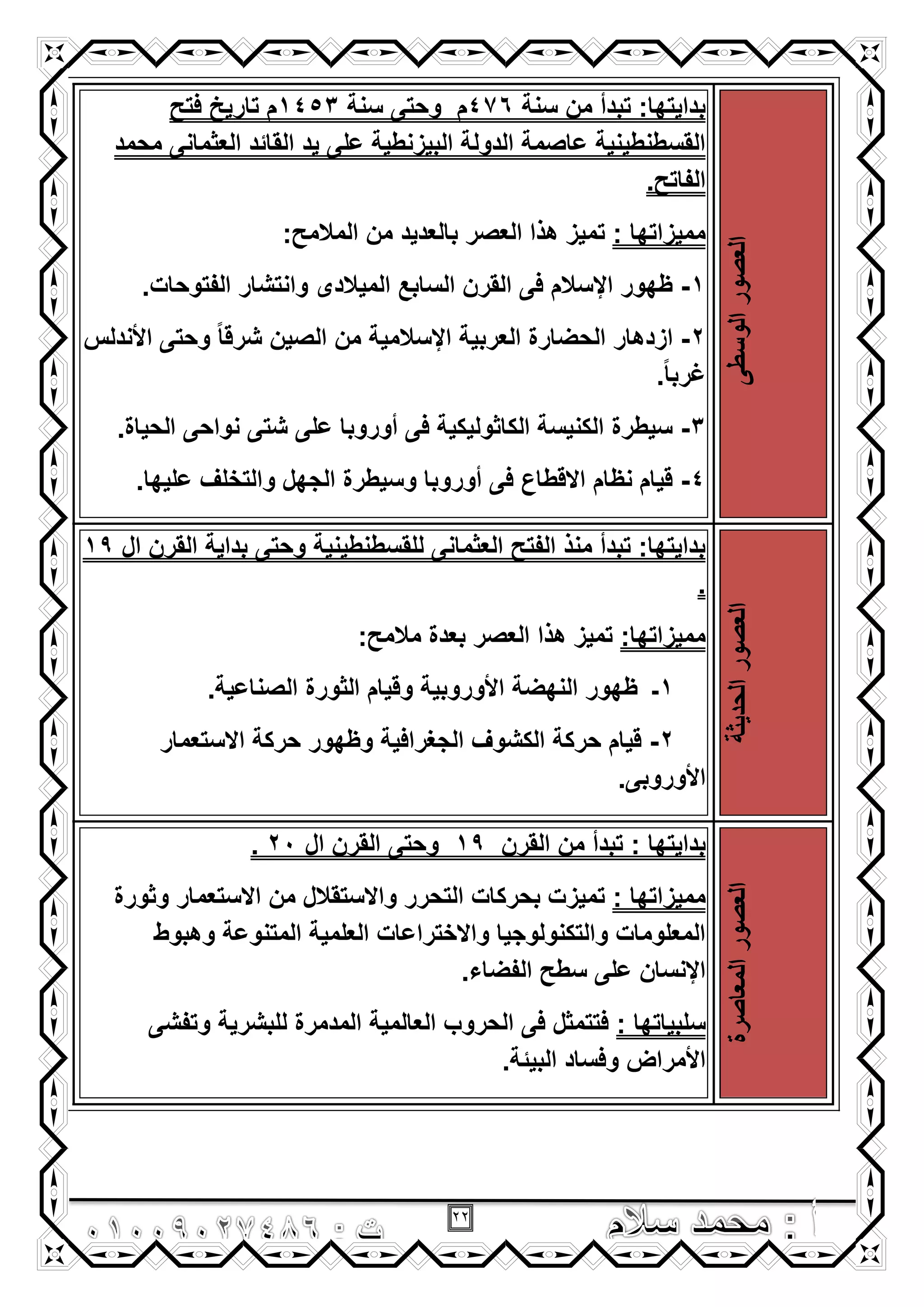 22
‫الوسطى‬‫العصور‬
‫سنة‬ ‫من‬ ‫تبدأ‬ :‫بداٌتها‬476‫م‬‫سنة‬ ‫وحتى‬1453‫فتح‬ ‫تارٌخ‬ ‫م‬
‫محمد‬ ‫العثمانى‬ ‫القائد‬ ‫ٌد‬ ‫على‬ ‫البٌزنطٌة‬ ‫الدولة‬ ‫عاصمة‬ ‫القسطنطٌنٌة‬
.‫الفاتح‬
‫ممٌزاتها‬::‫المالمح‬ ‫من‬ ‫بالعدٌد‬ ‫العصر‬ ‫هذا‬ ‫تمٌز‬
1-.‫الفتوحات‬ ‫وانتشار‬ ‫المٌالدى‬ ‫السابع‬ ‫القرن‬ ‫فى‬ ‫اإلسالم‬ ‫ظهور‬
2-‫وحت‬ ً‫ا‬‫شرق‬ ‫الصٌن‬ ‫من‬ ‫اإلسالمٌة‬ ‫العربٌة‬ ‫الحضارة‬ ‫ازدهار‬‫األندلس‬ ‫ى‬
.ً‫ا‬‫ؼرب‬
3-.‫الحٌاة‬ ‫نواحى‬ ‫شتى‬ ‫على‬ ‫أوروبا‬ ‫فى‬ ‫الكاثولٌكٌة‬ ‫الكنٌسة‬ ‫سٌطرة‬
4-.‫علٌها‬ ‫والتخلؾ‬ ‫الجهل‬ ‫وسٌطرة‬ ‫أوروبا‬ ‫فى‬ ‫االقطاع‬ ‫نظام‬ ‫قٌام‬
‫الحدٌثة‬‫العصور‬
‫وحتى‬ ‫للقسطنطٌنٌة‬ ‫العثمانى‬ ‫الفتح‬ ‫منذ‬ ‫تبدأ‬ :‫بداٌتها‬‫ال‬ ‫القرن‬ ‫بداٌة‬19
.
:‫ممٌزاتها‬:‫مالمح‬ ‫بعدة‬ ‫العصر‬ ‫هذا‬ ‫تمٌز‬
1.‫الصناعٌة‬ ‫الثورة‬ ‫وقٌام‬ ‫األوروبٌة‬ ‫النهضة‬ ‫ظهور‬ ‫ـ‬
2-‫االستعمار‬ ‫حركة‬ ‫وظهور‬ ‫الجؽرافٌة‬ ‫الكشوؾ‬ ‫حركة‬ ‫قٌام‬
.‫األوروبى‬
‫المعاصرة‬‫العصور‬
‫بداٌتها‬‫القرن‬ ‫من‬ ‫تبدأ‬ :19‫وحتى‬‫ال‬ ‫القرن‬20.
‫ممٌزاتها‬:‫وثورة‬ ‫االستعمار‬ ‫من‬ ‫واالستقالل‬ ‫التحرر‬ ‫بحركات‬ ‫تمٌزت‬
‫وهبوط‬ ‫المتنوعة‬ ‫العلمٌة‬ ‫واالختراعات‬ ‫والتكنولوجٌا‬ ‫المعلومات‬
.‫الفضاء‬ ‫سطح‬ ‫على‬ ‫اإلنسان‬
‫سلبٌاتها‬:‫وتفشى‬ ‫للبشرٌة‬ ‫المدمرة‬ ‫العالمٌة‬ ‫الحروب‬ ‫فى‬ ‫فتتمثل‬
.‫البٌئة‬ ‫وفساد‬ ‫األمراض‬
 