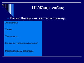 ІІІ.Жаңа сабақ
 Батыс Қазақстан кестесін толтыр.
Жер көлемі
Халқы
Тығыздығы
Кенттену (урбандалу) деңгейі”
Мамандандыру салалары
 