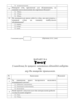 3) шлакоситалові.
11
Поверхні стін, призначені для облицювання, не
повинні мати відхилення від вертикалі більше?
1) 10мм;
2) 15мм;
3) 20мм.
12 Як називаються цвяхи забиті в стіну, що виступають з
поверхні стіни на товщину майбутнього
облицювання?
1) марка;
2) візир;
3) маяк.
Учень(иця) групи (Прізвище, ім’я учня)
ВАРІАНТ № 6
З наведених до кожного запитання відповідей виберіть
ту,
яку Ви вважаєте правильною.
№
з/п
Запитання Відповіді
1
За допомогою якого інструмента видаляють
відшаровані плитки?
1) зубилом і молотком;
2) лопаткою плиточника;
3) молотком.
2
Який просвіт допускається між контрольною рейкою
та підстильним шаром?
1) 7мм;
2) 15мм;
 
