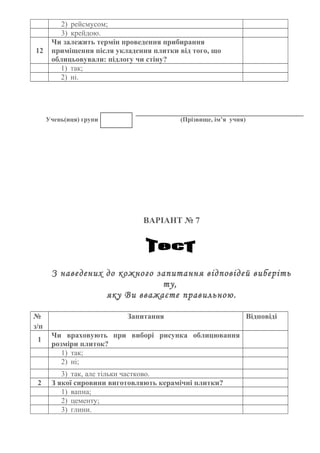 2) рейсмусом;
3) крейдою.
12
Чи залежить термін проведення прибирання
приміщення після укладення плитки від того, що
облицьовували: підлогу чи стіну?
1) так;
2) ні.
Учень(иця) групи (Прізвище, ім’я учня)
ВАРІАНТ № 7
З наведених до кожного запитання відповідей виберіть
ту,
яку Ви вважаєте правильною.
№
з/п
Запитання Відповіді
1
Чи враховують при виборі рисунка облицювання
розміри плиток?
1) так;
2) ні;
3) так, але тільки частково.
2 З якої сировини виготовляють керамічні плитки?
1) вапна;
2) цементу;
3) глини.
 