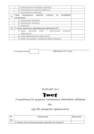 1) відповідність матеріалу проекту;
2) відповідність рисунка проекту;
3) відповідність розчину.
11
Чим осаджують маячну плитку до потрібної
позначки?
1) рукояткою молотка;
2) рукояткою лопатки;
3) киянкою.
12 У яких випадках приміщення прямокутне?
1) якщо діагоналі рівні і протилежні сторони
паралельні;
2) якщо фризові ряди паралельні;
3) якщо поздовжні і поперечні ряди однакові.
Учень(иця) групи (Прізвище, ім’я учня)
ВАРІАНТ № 5
З наведених до кожного запитання відповідей виберіть
ту,
яку Ви вважаєте правильною.
№
з/п
Запитання Відповіді
1 У якому вигляді накладають розчин на плитку?
 