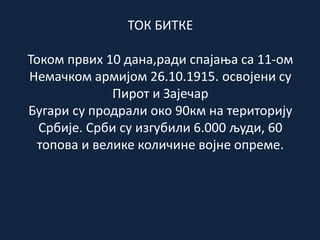 ТОК БИТКЕ
Током првих 10 дана,ради спајања са 11-ом
Немачком армијом 26.10.1915. освојени су
Пирот и Зајечар
Бугари су продрали око 90км на територију
Србије. Срби су изгубили 6.000 људи, 60
топова и велике количине војне опреме.
 