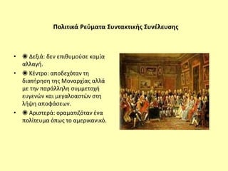 Πολιτικά Ρεύματα Συντακτικής Συνέλευσης
• ◉ Δεξιά: δεν επιθυμούσε καμία
αλλαγή.
• ◉ Κέντρο: αποδεχόταν τη
διατήρηση της Μοναρχίας αλλά
με την παράλληλη συμμετοχή
ευγενών και μεγαλοαστών στη
λήψη αποφάσεων.
• ◉ Αριστερά: οραματιζόταν ένα
πολίτευμα όπως το αμερικανικό.
 