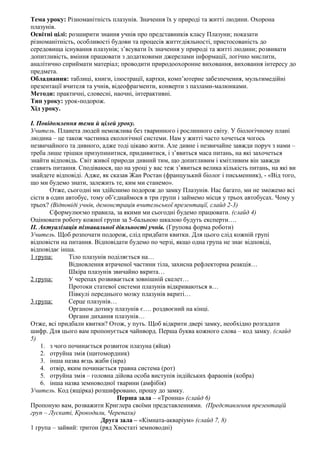 Тема уроку: Різноманітність плазунів. Значення їх у природі та житті людини. Охорона
плазунів.
Освітні цілі: розширити зна...