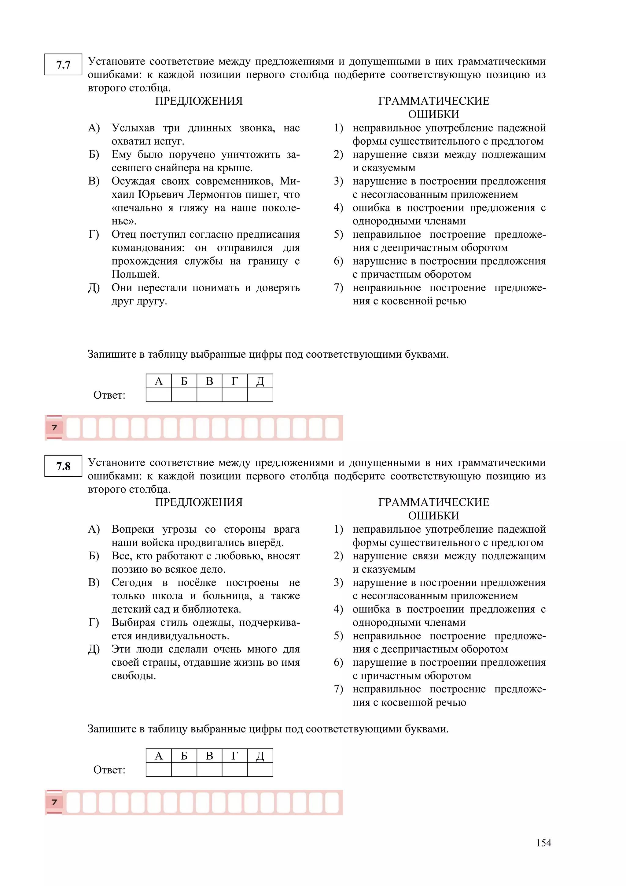 154
7.7 Установите соответствие между предложениями и допущенными в них грамматическими
ошибками: к каждой позиции первого столбца подберите соответствующую позицию из
второго столбца.
ПРЕДЛОЖЕНИЯ ГРАММАТИЧЕСКИЕ
ОШИБКИ
А)
Б)
В)
Г)
Д)
Услыхав три длинных звонка, нас
охватил испуг.
Ему было поручено уничтожить за-
севшего снайпера на крыше.
Осуждая своих современников, Ми-
хаил Юрьевич Лермонтов пишет, что
«печально я гляжу на наше поколе-
нье».
Отец поступил согласно предписания
командования: он отправился для
прохождения службы на границу с
Польшей.
Они перестали понимать и доверять
друг другу.
1) неправильное употребление падежной
формы существительного с предлогом
2) нарушение связи между подлежащим
и сказуемым
3) нарушение в построении предложения
с несогласованным приложением
4) ошибка в построении предложения с
однородными членами
5) неправильное построение предложе-
ния с деепричастным оборотом
6) нарушение в построении предложения
с причастным оборотом
7) неправильное построение предложе-
ния с косвенной речью
Запишите в таблицу выбранные цифры под соответствующими буквами.
А Б В Г Д
Ответ:
7.8 Установите соответствие между предложениями и допущенными в них грамматическими
ошибками: к каждой позиции первого столбца подберите соответствующую позицию из
второго столбца.
ПРЕДЛОЖЕНИЯ ГРАММАТИЧЕСКИЕ
ОШИБКИ
А)
Б)
В)
Г)
Д)
Вопреки угрозы со стороны врага
наши войска продвигались вперёд.
Все, кто работают с любовью, вносят
поэзию во всякое дело.
Сегодня в посёлке построены не
только школа и больница, а также
детский сад и библиотека.
Выбирая стиль одежды, подчеркива-
ется индивидуальность.
Эти люди сделали очень много для
своей страны, отдавшие жизнь во имя
свободы.
1) неправильное употребление падежной
формы существительного с предлогом
2) нарушение связи между подлежащим
и сказуемым
3) нарушение в построении предложения
с несогласованным приложением
4) ошибка в построении предложения с
однородными членами
5) неправильное построение предложе-
ния с деепричастным оборотом
6) нарушение в построении предложения
с причастным оборотом
7) неправильное построение предложе-
ния с косвенной речью
Запишите в таблицу выбранные цифры под соответствующими буквами.
А Б В Г Д
Ответ:
 