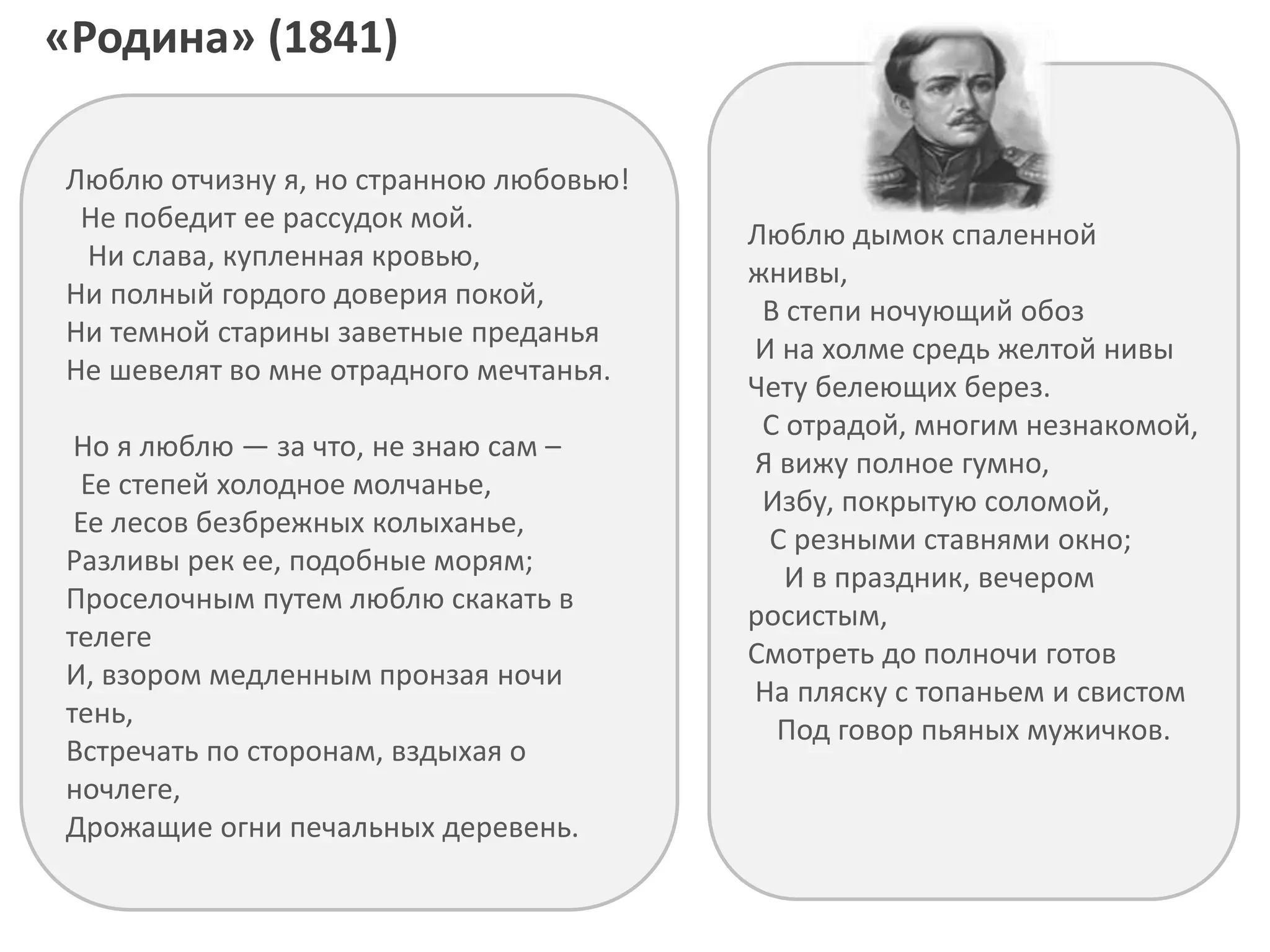 Люблю отчизну я, но странною любовью!
Не победит ее рассудок мой.
Ни слава, купленная кровью,
Ни полный гордого доверия покой,
Ни темной старины заветные преданья
Не шевелят во мне отрадного мечтанья.
Но я люблю — за что, не знаю сам –
Ее степей холодное молчанье,
Ее лесов безбрежных колыханье,
Разливы рек ее, подобные морям;
Проселочным путем люблю скакать в
телеге
И, взором медленным пронзая ночи
тень,
Встречать по сторонам, вздыхая о
ночлеге,
Дрожащие огни печальных деревень.
Люблю дымок спаленной
жнивы,
В степи ночующий обоз
И на холме средь желтой нивы
Чету белеющих берез.
С отрадой, многим незнакомой,
Я вижу полное гумно,
Избу, покрытую соломой,
С резными ставнями окно;
И в праздник, вечером
росистым,
Смотреть до полночи готов
На пляску с топаньем и свистом
Под говор пьяных мужичков.
«Родина» (1841)
 