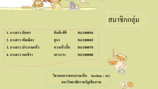 สมาชิกกลุ่ม
1. นางสาว อัมพร จันต๊ะขัติ 561100056
2. นางสาว พัณณิดา สุนา 561100069
3. นางสาว ประกายแก้ว ดวงแก้วปั๋น 561100070
4. นางสาว เจนจิรา เสาวะระ 561100080
วิชาเอกการสอนภาษาจีน Section : AG
มหาวิทยาลัยราชภัฏเชียงราย
 