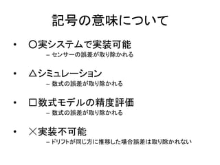 記号の意味について
• ○実システムで実装可能
– センサーの誤差が取り除かれる
• △シミュレーション
– 数式の誤差が取り除かれる
• □数式モデルの精度評価
– 数式の誤差が取り除かれる
• ☓実装不可能
– ドリフトが同じ方に推移した場合誤差は取り除かれない
 