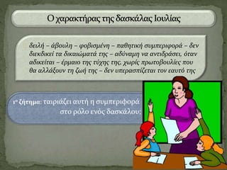 δειλή – άβουλη – φοβισμένη – παθητική συμπεριφορά – δεν
διεκδικεί τα δικαιώματά της – αδύναμη να αντιδράσει, όταν
αδικείται – έρμαιο της τύχης της, χωρίς πρωτοβουλίες που
θα αλλάξουν τη ζωή της – δεν υπερασπίζεται τον εαυτό της
1ο ζήτημα: ταιριάζει αυτή η συμπεριφορά
στο ρόλο ενός δασκάλου;
 