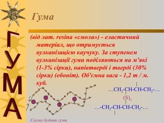 Гума
(від лат. resina «смола») - еластичний
матеріал, що отримується
вулканізацією каучуку. За ступенем
вулканізації гуми поділяються на м'які
(1-3% сірки), напівтверді і тверді (30%
сірки) (ебоніт). Об'ємна вага - 1,2 т / м.
куб.
Схема будови гуми
…СН2-СН-СН-СН2-…
(S)n
…-CH2-CH-CH-CH2-…
 