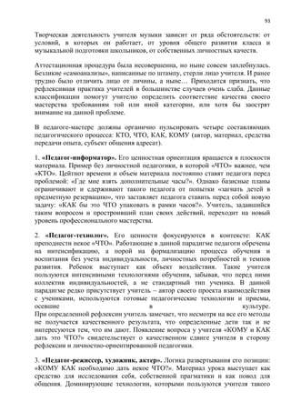 93
Творческая деятельность учителя музыки зависит от ряда обстоятельств: от
условий, в которых он работает, от уровня общего развития класса и
музыкальной подготовки школьников, от собственных личностных качеств.
Аттестационная процедура была несовершенна, но ныне совсем захлебнулась.
Безликие «самоанализы», написанные по штампу, стерли лицо учителя. И ранее
трудно было отличить лицо от личины, а ныне… Приходится признать, что
рефлексивная практика учителей в большинстве случаев очень слаба. Данные
классификации помогут учителю определить соответствие качества своего
мастерства требованиям той или иной категории, или хотя бы заострят
внимание на данной проблеме.
В педагоге-мастере должны органично пульсировать четыре составляющих
педагогического процесса: КТО, ЧТО, КАК, КОМУ (автор, материал, средства
передачи опыта, субъект общения адресат).
1. «Педагог-информатор». Его ценностная ориентация вращается в плоскости
материала. Пример без личностной педагогики, в которой «ЧТО» важнее, чем
«КТО». Цейтнот времени и объем материала постоянно ставят педагога перед
проблемой: «Где мне взять дополнительные часы?». Однако базисные планы
ограничивают и сдерживают такого педагога от попытки «загнать детей в
предметную резервацию», что заставляет педагога ставить перед собой новую
задачу: «КАК бы это ЧТО упаковать в рамки часов?». Учитель, задавшийся
таким вопросом и простроивший план своих действий, переходит на новый
уровень профессионального мастерства.
2. «Педагог-технолог». Его ценности фокусируются в контексте: КАК
преподнести некое «ЧТО». Работающие в данной парадигме педагоги обречены
на интенсификацию, а порой на формализацию процесса обучения и
воспитания без учета индивидуальности, личностных потребностей и темпов
развития. Ребенок выступает как объект воздействия. Такие учителя
пользуются интенсивными технологиями обучения, забывая, что перед ними
коллектив индивидуальностей, а не стандартный тип ученика. В данной
парадигме редко присутствует учитель – автор своего проекта взаимодействия
с учениками, используются готовые педагогические технологии и приемы,
осевшие в культуре.
При определенной рефлексии учитель замечает, что несмотря на все его методы
не получается качественного результата, что определенные дети так и не
интересуются тем, что им дают. Появление вопроса у учителя «КОМУ и КАК
дать это ЧТО?» свидетельствует о качественном сдвиге учителя в сторону
рефлексии и личностно-ориентированной педагогики.
3. «Педагог-режиссер, художник, актер». Логика развертывания его позиции:
«КОМУ КАК необходимо дать некое ЧТО?». Материал урока выступает как
средство для исследования себя, собственной прагматики и как повод для
общения. Доминирующие технологии, которыми пользуются учителя такого
 