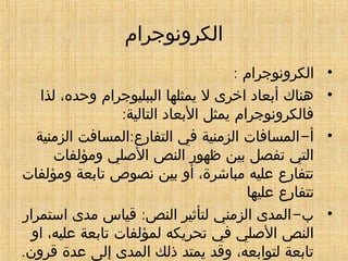 ‫الكرونوجرام‬
•: ‫الكرونوجرام‬
•‫لذا‬ ،‫وحده‬ ‫الببليوجرام‬ ‫يمثلها‬ ‫ل‬ ‫اخرى‬ ‫أبعاد‬ ‫هناك‬
:‫التالية‬ ‫البعاد‬ ‫يمثل‬ ‫فالكرونوجرام‬
•: -‫الزمنية‬ ‫المسافت‬ ‫التفارع‬ ‫في‬ ‫الزمنية‬ ‫المسافات‬ ‫أ‬
‫ومؤلفات‬ ‫الصلي‬ ‫النص‬ ‫ظهور‬ ‫بين‬ ‫تفصل‬ ‫التي‬
‫ومؤلفات‬ ‫تابعة‬ ‫نصوص‬ ‫بين‬ ‫أو‬ ،‫مباشرة‬ ‫عليه‬ ‫تتفارع‬
‫عليها‬ ‫تتفارع‬
•: -‫استمرار‬ ‫مدى‬ ‫قياس‬ ‫النص‬ ‫لتأثير‬ ‫الزمني‬ ‫المدى‬ ‫ب‬
‫او‬ ،‫عليه‬ ‫تابعة‬ ‫لمؤلفات‬ ‫تحريكه‬ ‫في‬ ‫الصلي‬ ‫النص‬
.‫قرون‬ ‫عدة‬ ‫إلى‬ ‫المدى‬ ‫ذلك‬ ‫يمتد‬ ‫وقد‬ ،‫لتوابعه‬ ‫تابعة‬
 