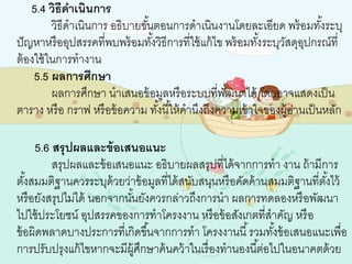 5.4 วิธีดาเนินการ
วิธีดาเนินการ อธิบายขั้นตอนการดาเนินงานโดยละเอียด พร้อมทั้งระบุ
ปัญหาหรืออุปสรรคที่พบพร้อมทั้งวิธีการที่ใช้แก้ไข พร้อมทั้งระบุวัสดุอุปกรณ์ที่
ต้องใช้ในการทางาน
5.5 ผลการศึกษา
ผลการศึกษา นาเสนอข้อมูลหรือระบบที่พัฒนาได้ โดยอาจแสดงเป็น
ตาราง หรือ กราฟ หรือข้อความ ทั้งนี้ให้คานึงถึงความเข้าใจของผู้อ่านเป็นหลัก
5.6 สรุปผลและข้อเสนอแนะ
สรุปผลและข้อเสนอแนะ อธิบายผลสรุปที่ได้จากการทา งาน ถ้ามีการ
ตั้งสมมติฐานควรระบุด้วยว่าข้อมูลที่ได้สนับสนุนหรือคัดค้านสมมติฐานที่ตั้งไว้
หรือยังสรุปไม่ได้ นอกจากนั้นยังควรกล่าวถึงการนา ผลการทดลองหรือพัฒนา
ไปใช้ประโยชน์ อุปสรรคของการทาโครงงาน หรือข้อสังเกตที่สาคัญ หรือ
ข้อผิดพลาดบางประการที่เกิดขึ้นจากการทา โครงงานนี้รวมทั้งข้อเสนอแนะเพื่อ
การปรับปรุงแก้ไขหากจะมีผู้ศึกษาค้นคว้าในเรื่องทานองนี้ต่อไปในอนาคตด้วย
 