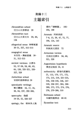 附錄十三主題索引
附錄十三
主題索引
Alexandrian sch∞l
亞力山大里學派"
Alexandrian text
亞力山大里文本的， 60,
126
allegorical sense 神學寓意
30-31, 257, 312-313
anagogical sen記
末世性、奧秘、意義 30-
31, 312-313
ancient versions 古譯本
52, 57-58, 59, 60, 63,
64, 126, 32。一321 ， 326-
327, 328
Antiochian school
安提約基雅學派 29
apocalyptic writings
默示體裁 16, 17, 18,
38, 84, 237, 292-300,
apocrypha 偽經
19-20, 22, 326-327
apology, the 格林多人後
書的「辯解篇 J 192-
193, 199
Aramaic 阿刺美語
7-8, 13, 39, 47, 72, 77,
100, 124, 143
Aramaic so叮ce
阿刺美文源流 72
Armenian version
亞美尼亞譯本 58， 60,
321, 328
Augustinian hypothesis
奧思定假設 30 ， 41
authenticity 經卷的真實性
21, 113, 170, 171, 172,
173, 215, 219, 221-223,
226, 236-240, 246, 247-
249, 256-257, 264, 268-
269, 272, 273, 274, 276,
278, 279-280, 310
Bultmann sch∞l
布爾特曼學派 80-81
Byzantine text
333
 