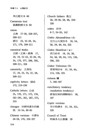 附錄十三主題索引
拜占庭文本 60
Caesarean text
凱撒勒雅文本 60
canon
正典 17-28, 326-327,
309-311
經目 23， 25-28，鈍，
171, 179, 309-311
canonical books
正經，正典，經典 17,
18, 19, 21-23, 25-28, 29,
34, 170, 277, 286, 295,
309-311, 326
canonicity 正典性
17, 19, 22, 23, 27, 28,
309-311
captivity letters 獄函
172, 210-230
Catholic letters 公函
25, 170, 171, 173, 176,
261-291, 261, 267, 273,
310
changes 抄經時產生的錯
誤 52-54， 60-65
Chinese versions 中譯本
58-59, 170, 326-327
334
Church fathers 教父
26, 29-30, 59, 98, 329-
330
codex 抄本
6-7, 54-55, 142
Codex Alexandrinus (A)
亞力山大里抄本時， 54,
56, 59, 60, 64, 325
cα1ex Sinaiticus ( N )
西乃抄本 18，凹， 38,
54, 56, 59, 64, 113, 126,
306, 325
Codex Vaticanus (B)
梵蒂岡抄本 57，凹， 64,
113, 126, 325
colurnn 欄
7, 306-307
conciliatory tendency
(mediation tendency)
經卷反映的調解傾向 36,
167
Coptic versions
苛仆特譯本 57, 59, 321,
328
Council of Trent
特倫多大公會議 28
 