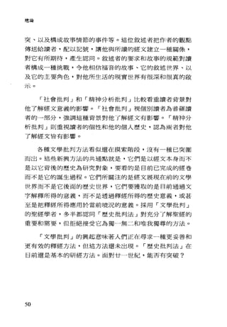 總論
突、以及構成故事情節的事件等。這位敘述者把作者的觀點
傳送給讀者，配以記號，讓他與所言賣的經文建立一種關僚，
對它有所期待，產生認同。敘述者的要求和故事的規範對讀
者構成一種挑戰，令他相信福音的故事、它的敘述世界、以
及它的主要角色，對他所生活的現實世界有很深和很真的做
河王。
「社會批判」和「精神分析批判」比較看重讀者背景對
他了解經文意義的影響。「社會批判」視個別讀者為普羅讀
者的一部分，強調這種背景對他了解經文有影響。「精神分
析批判」則重視讀者的個性和他的個人歷史，認為兩者對他
了解經文皆有影響。
各種文學批判方法看似還在摸索階段，沒有一種已突圍
而出。這些新興方法的共通點就是，它們是以經文本身而不
是以它背後的歷史為研究對象，要看的是目前已完成的經卷
而不是它的誕生過程。它們所關注的是經文展現在前的文學
世界而不是它後面的歷史世界，它們要獲取的是目前通過文
字解釋所得的意義，而不是透過釋經所得的歷史意義，或甚
至是把釋經所得應用於當前境況的意義。採用「文學批判」
的聖經學者，多半都認同「歷史批判法」對充分了解聖經的
重要和需要，但拒絕接受它為獨一無二和唯我獨尊的方法。
「文學批判」的興起意味著人們正在尋求一種更妥善和
更有效的釋經方法，但這方法還未出現。「歷史批判法」在
目前還是基本的研經方法。面對廿一世紀，能否有突破?
50
 
