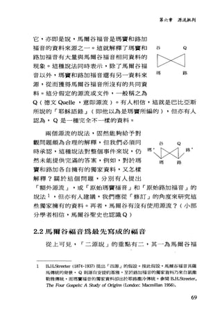 它，亦即是說，馬爾谷福音是瑪竇和路加
福音的資料來源之一。這就解釋了瑪竇和
路加福音有大量與馬爾谷福音相同資料的
現象。這種說法同時表示，除了馬爾谷福
音以外，瑪竇和路加福音還有另一資料來
源，從而獲得馬爾谷福音所沒有的共同資
料。這分假定的源流或文件，一般稱之為
第六章 源流批判
[><J
Q (德文 Quel語，意即源流)。有人相信，這就是巴比亞斯
所說的「耶穌語錄 J (即他以為是瑪竇所編的) .但亦有人
認為 .Q 是一種完全不一樣的資料。
兩個源流的說法，固然能夠給予對
觀問題頗為合理的解釋，但我們必須同
時承認，這種說法對整個事件來說，仍
然未能提供完滿的答案，例如，對於瑪
竇和路加各自擁有的獨家資料，又怎樣
解釋?關於這個問題，分別有人提出
瑪~路
「額外源流 J 或「原始瑪竇福音」和「原始路加福音」的
說法 1 .但亦有人建議，我們應從「修訂」的角度來研究這
些獨家擁有的資料。再者，馬爾谷有沒有使用源流? (小部
分學者相信，馬爾谷聖史也認識 Q)
2.2 馬爾谷福音為最先寫成的福音
1
從上可見， 「二源說」的重點有二，其一為馬爾谷褔
B.H.Streeter (1874-1937) 提出「四源」的假設。按此假設，馬爾谷情音具羅
馬傳統的背景 .Q 則源自安提約基雅，至於路加福音的獨家資料乃來自凱撒
勒雅傳統，而瑪竇福音的獨家資料卻出於耶路撒冷傳統。參閱 B.H.Str，自ter.
The Fo叮伽戶1s: A St吋Iy ofC蝴ns (London: 岫cmillan 1956).
69
 