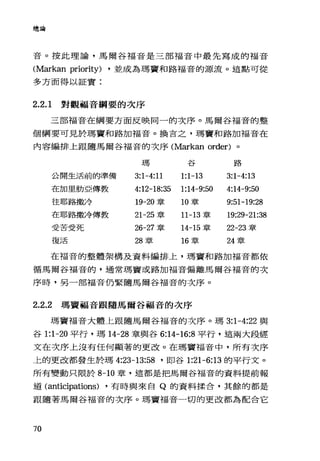 總論
音。按此理論，馬爾谷福音是三部福音中最先寫成的福音
(Markan priority) ，並成為瑪寶和路福音的源流。這點可從
多方面得以証實:
2.2.1 對觀福音綱要的次序
三部福音在綱要方面反映同一的次序。馬爾谷福音的整
個綱要可見於瑪寶和路加福音。換吉之，瑪竇和路加福音在
內容編排上跟隨馬爾谷福音的次序 (Markan order) 。
瑪谷路
公開生活前的準備 3:1-4:11 1:1-13 3:1-4:13
在加旦肋亞傳教 4:12-18:35 1:14-9:50 4:14-9:50
往耶路撒冷 19-20 章 10 章 9:51-19:28
在耶路撒冷傳教 21-25 章 11-13 章 19:29-21:38
受苦受死 26-27 章 14-15 章 22-23 章
復活 28 章 16 章 24 章
在福音的整體架構及資料編排上，瑪竇和路加福音都依
循馬爾谷福音的，通常瑪竇或路加福音偏離馬爾谷福音的次
序時，另一部福音仍緊隨馬爾谷福音的次序。
2.2.2 瑪竇福音跟隨馬爾谷福音的次序
瑪竇福音大體上跟隨馬爾谷福音的次序。瑪 3:1-4:22 與
谷 1:1-20 平行，瑪 14-28 章與谷 6:14-16:8 平行，這兩大段經
文在次序上沒有任何顯著的更改。在瑪竇福音中，所有次序
上的更改都發生於瑪 4:23一 13:58 '即谷 1:21-6:13 的平行文。
所有變動只限於 8-10 章，這都是把馬爾谷福音的資料提前報
道 (anticipations) ，有時與來自 Q 的資料揉合，其餘的都是
跟隨著馬爾谷福音的次序。瑪竇福音一切的更改都為配合它
70
 