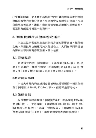第七章類型批判
注史實的問題，更不會把耶穌在世的史實和他復活後的事跡
與臨於教會的事實分清楚。早期教會沒有歷史的包袱，可以
自由地因著宣講、護教、崇拜等需要靈活地運用承傳資料，
甚至很有創意地增添一些資料。
3. 類型批判在其他經卷之運用
以上三位學者在類型批判研究方面的影響廣遠。繼他們
之後，類型批判也被應用於其他經卷上，人們在不同的經卷
內辨別出不同的寫作類型來，其中包括:
3.1 若望福音
若望福音內的「臨別贈吉 J (參閱若 13-14 章， 15-16
章)可能屬於一種寫作類型(亦參閱創 47-50 章;蘇 23-24
章:多 14 章:撒上 12 章:列上 2 章:加上 2 章等)。
3.2 宗徒大事錄
宗徒大事錄內的宣講詞亦曾被研究是否屬於一種寫作類
型(參閱宗 10:34-43; 13:16-41 等) ，但結果是否定的。
3.3 保祿書信
保祿書信內的基督頌(參閱斐 2:在 11; 亦參閱哥 1:15-20;
弗 2:14-16) 、「受苦清單 J (參閱格後 4:8-10; 6:4-10; 11:23-
29; 格前 4:9-13 等)、以及「宣信程式 J (參閱格前 15:3-5;
格後 5:15; 得前 4:14 等) ，都曾是類型批判的研究題材。
83
 