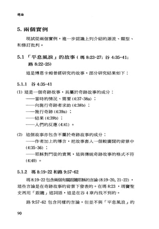 總論
5. 兩個實例
現試從兩個實例，進一步認識上列介紹的源流、類型、
和修訂批判。
5.1 í 平息風浪」的故事(瑪 8:23-27; 谷 4:35-41;
路 8:22-25)
這是博恩卡姆曾經研究的故事，部分研究結果如下:
5. 1. 1 谷 4:35-41
(1)這是一個奇跡故事，具屬於奇跡故事的成分:
一一當時的情況、需要 (4:37-38a)
一一向施行奇跡者求助 (4:38b)
一一施行奇跡 (4:39a)
一一一結果 (4:39b)
一一人們的反應 (4:41)。
(2) 這個故事亦包含不屬於奇跡故事的成分:
一一作者加上的導言，把故事套入一個較廣闊的背景中
(4:35-36)
耶穌對門徒的責罵，這與傳統奇跡故事的格式不符
(4:40) 。
5. 1.2 瑪 8:19-22 和路 9:57-62
瑪 8:19-22 包含兩個有關E郎矗耶穌的言論 (8:19-20 ， 21-22) ,
這些言論是在奇跡故事的背景下發表的。在瑪 8:23 '瑪竇聖
史再用 r~良隨」這詞語，這是在谷 4 章內找不到的。
路 9:57-62 包含同樣的言論，但並不與「平息風浪」的
90
 