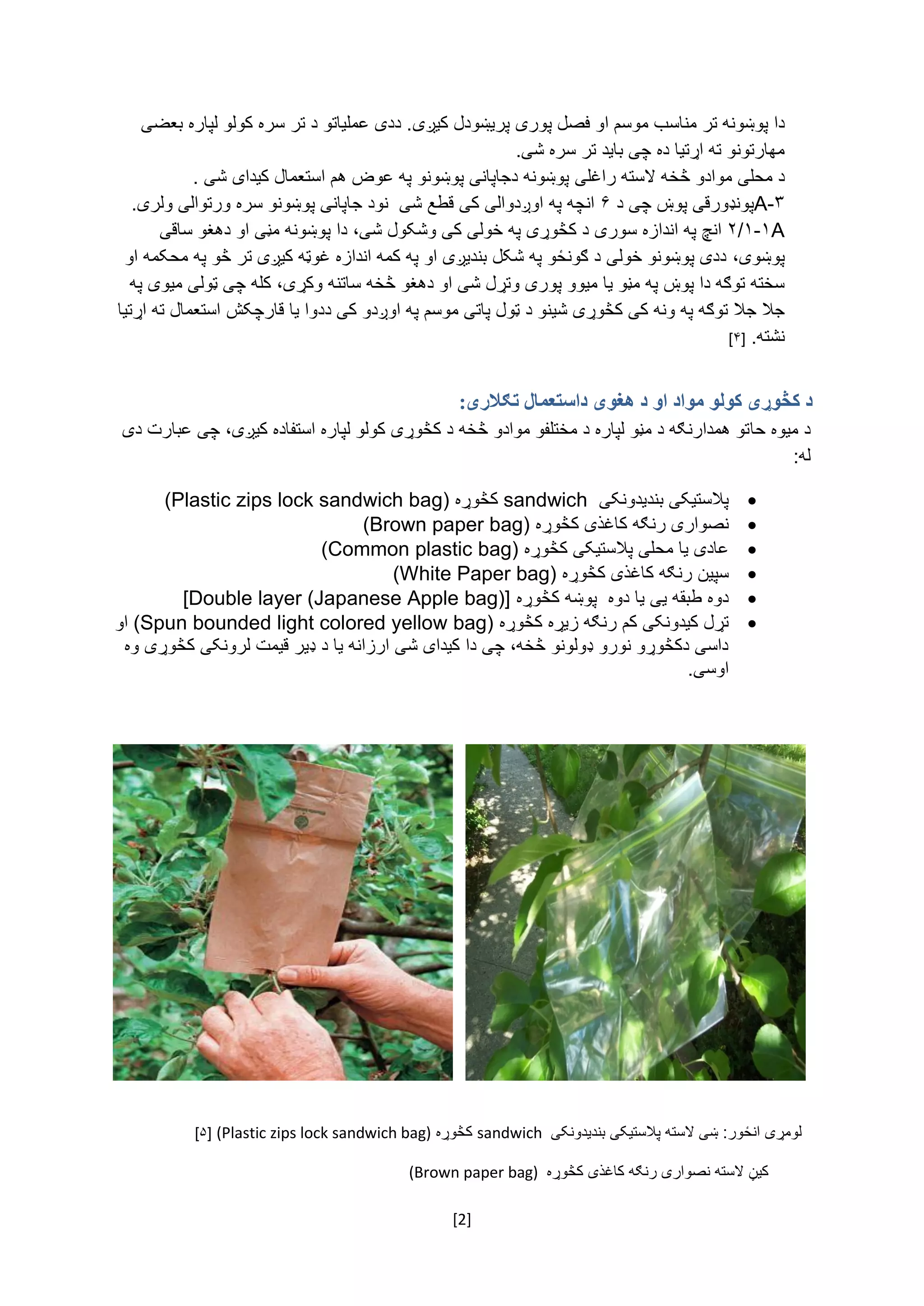 [2]
‫دا‌پوښونه‌تر‌مناس‬‫ب‌موسم‌او‌فصل‌پوری‌پریښودل‌کیږی‬‌‫.‌ددی‌عملیاتو‌د‌تر‌سره‌کولو‌لپاره‌بعضی‬
‫مهارتون‬‫و‌ته‌اړتیا‌ده‌چی‌باید‌تر‌سره‌شی‬‌.‌
‌‫د‬‫محلی‬‌‫موادو‌څخه‌السته‌راغلی‬‌‌.‌‫پوښونه‌دجاپانی‌پوښونو‌په‌عوض‌هم‌استعمال‌کیدای‌شی‬
۳A-‌‫پونډورقی‌پوښ‌چی‌د‬۶‌‌‫انچه‬‌‫په‬‌‫اوږدوالی‬‌‫کی‬‌‫قطع‌شی‬‌‫نو‬‌‫د‌جاپانی‌پوښونو‌سره‌ورتوالی‬‫و‬‌.‫لری‬‌
A۱-۱/۲‌‌‫انچ‌په‌اندازه‬‫سوری‬‌،‫د‌کڅوړی‌په‌خولی‌کی‌وشکول‌شی‬‌‫دا‬‌‌‫پوښونه‌مڼی‌او‌دهغو‌ساقی‬
‫پوښوی‬‌،‌‫ددی‌پوښونو‌خولی‌د‌ګونځو‌په‌شکل‌بندیږی‌او‌په‌کمه‌اندازه‌غوټه‌کیږی‌تر‌څو‌په‬‌‫محکمه‌او‬
‫سخته‌توګه‌دا‌پوښ‌په‌مڼو‌یا‌میوو‌پو‬‌‫ری‌وتړل‌شی‌او‌دهغو‌څخه‌ساتنه‬‫وکړی‬‌،‫کله‌چی‌ټولی‌میوی‌په‬‌
‌‫جال‌جال‌توګه‬‌‫په‬‫ونه‌کی‬‌‫کڅوړی‌شی‬‌‫نو‌د‌ټول‌پاتی‌موسم‌په‌اوږدو‌کی‬‫د‬‫دوا‌یا‌قارچکش‬‌‌‫استعمال‌ته‌اړتیا‬
‫نشته‬‌.[۴]‌
:‫تګالری‬ ‫داستعمال‬ ‫هغوی‬ ‫د‬ ‫او‬ ‫مواد‬ ‫کولو‬ ‫کڅوړی‬ ‫د‬
‫د‌میوه‌حا‬‌‫تو‌همدارنګه‌د‌مڼو‌لپاره‌د‌مختلفو‌موادو‌څخه‌د‌کڅوړی‌کولو‌لپاره‌استفاده‌کیږی،‌چی‌عبارت‌دی‬
‌:‫له‬‌
‌‫پالستیکی‌بندیدونکی‬sandwich‌‌‫کڅوړه‬(Plastic zips lock sandwich bag)
‫نصواری‌رنګه‌کاغذی‌کڅوړه‬(Brown paper bag)
‫عادی‌یا‌محلی‌پالستیکی‌کڅوړه‬(Common plastic bag)
‫سپین‌رنګه‌کاغذی‌کڅوړه‬(White Paper bag)
‫دوه‌طبقه‌یی‌یا‌دوه‌‌پوښه‌کڅوړه‬[Double layer (Japanese Apple bag)]
‫تړل‌کیدونکی‌کم‌رنګه‌زیړه‌کڅوړه‬(Spun bounded light colored yellow bag)‌‫او‬
‫داسی‌دکڅوړو‌نورو‌ډولونو‌څخه،‌چی‌دا‌کیدای‌شی‌ارزانه‌یا‌د‌ډیر‌قیمت‌لرونکی‌کڅو‬‌‫ړی‌وه‬
.‫اوسی‬
‌
‌
‌
‌‫لومړی‌انځور:‌ښی‌السته‌پالستیکی‌بندیدونکی‬sandwich‌‌‫کڅوړه‬(Plastic zips lock sandwich bag)‌[۵]
‌‌‌‌‌‌‌‌‫کیڼ‌السته‌نصواری‌رنګه‌کاغذی‌کڅوړه‬(Brown paper bag)‌
 