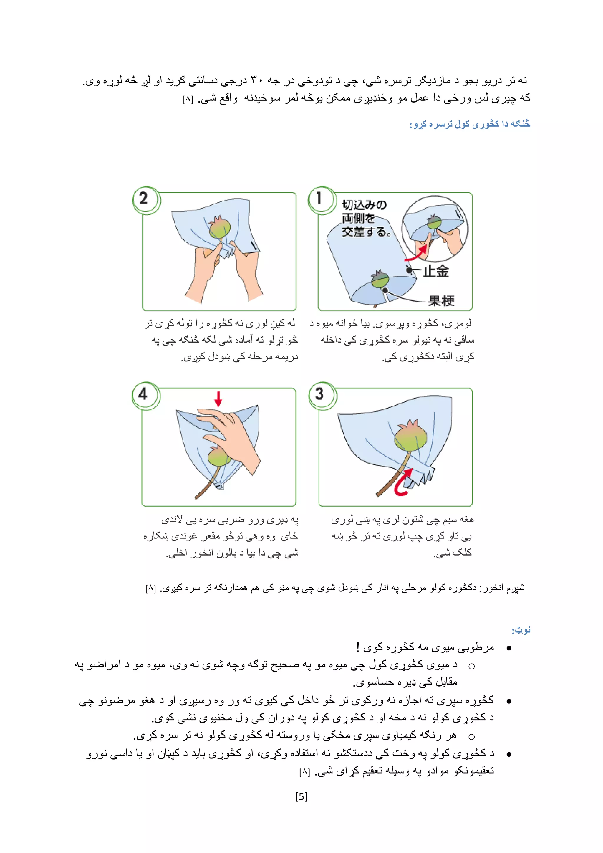 [5]
‌‫نه‌تر‌دریو‌بجو‌د‌مازدیګر‬‌‌‫ترسره‌شی،‌چی‌د‌تودوخی‌در‌جه‬۳۰‌‌.‫درجی‌دسانتی‌ګرید‌او‌لږ‌څه‌لوړه‌وی‬
‫که‌چیری‌لس‌ورځی‌د‬‫ا‌عمل‌مو‌وځنډیږی‬‌.‫ممکن‌یوڅه‌لمر‌سوځیدنه‌‌واقع‌شی‬‌[۸]‌
‫کړو‬ ‫ترسره‬ ‫کول‬ ‫کڅوړی‬ ‫دا‬ ‫څنګه‬:
‌
‌
‌
‌
‌
‌
‌
‌
‫الندی‬ ‫یی‬ ‫سره‬ ‫ضربی‬ ‫ورو‬ ‫ډیری‬ ‫په‬
‫ښکاره‬ ‫غوندی‬ ‫مقعر‬ ‫توڅو‬ ‫وهی‬ ‫وه‬ ‫ځای‬
.‫اخلی‬ ‫انځور‬ ‫بالون‬ ‫د‬ ‫بيا‬ ‫دا‬ ‫چی‬ ‫شی‬
‫لوری‬ ‫ښی‬ ‫په‬ ‫لری‬ ‫شتون‬ ‫چی‬ ‫سيم‬ ‫هغه‬
‫ښه‬ ‫څو‬ ‫تر‬ ‫ته‬ ‫لوری‬ ‫چپ‬ ‫کړی‬ ‫تاو‬ ‫یی‬
.‫شی‬ ‫کلک‬
‌
:‫نوټ‬
!‌‫مرطوبی‌میوی‌مه‌کڅوړه‌کوی‬‌
o‌‫د‌میوی‌کڅوړی‌کول‌چی‌میوه‌مو‌په‌صحیح‌توګه‌وچه‌شوی‌نه‌وی،‌میوه‌مو‌د‌امراضو‌په‬
‫مقابل‌کی‌ډیره‌حساسوی‬.
‌‫کڅوړه‌سپری‌ته‌اجازه‌نه‌ورکوی‌تر‌څو‌داخل‌کی‌کیوی‌ته‌ور‌وه‌رسیږی‌او‌د‌هغو‌مرضونو‌چی‬
.‫د‌کڅوړی‌کولو‌نه‌د‌مخه‌او‌د‌کڅوړی‌کولو‌په‌دوران‌کی‌ول‌مخنیوی‌نشی‌کوی‬
o.‫هر‌رنګه‌کیمیاوی‌سپری‌مخکی‌یا‌وروسته‌له‌کڅوړی‌کولو‌نه‌تر‌سره‌کړی‬
‫د‌کڅوړی‌کولو‌په‌وخ‬‌‌‫ت‌کی‌ددستکشو‌نه‌استفاده‌وکړی،‌او‌کڅوړی‌باید‌د‌کپټان‌او‌یا‌داسی‌نورو‬
.‫تعقیمونکو‌موادو‌په‌وسیله‌تعقیم‌کړای‌شی‬‌[۸]‌
‫تر‬ ‫کړی‬ ‫ټوله‬ ‫را‬ ‫کڅوړه‬ ‫نه‬ ‫لوری‬ ‫کيڼ‬ ‫له‬
‫په‬ ‫چی‬ ‫څنګه‬ ‫لکه‬ ‫شی‬ ‫آماده‬ ‫ته‬ ‫تړلو‬ ‫څو‬
.‫کيږی‬ ‫ښودل‬ ‫کی‬ ‫مرحله‬ ‫دریمه‬
‫د‬ ‫ميوه‬ ‫ځوانه‬ ‫بيا‬ .‫وپړسوی‬ ‫کڅوړه‬ ،‫لومړی‬
‫داخله‬ ‫کی‬ ‫کڅوړی‬ ‫سره‬ ‫نيولو‬ ‫په‬ ‫نه‬ ‫ساقی‬
.‫کی‬ ‫دکڅوړی‬ ‫البته‬ ‫کړی‬
‌.‫شپږم‌انځور:‌دکڅوړه‌کولو‌مرحلی‌په‌انار‌کی‌ښودل‌شوی‌چی‌په‌مڼو‌کی‌هم‌همدارنګه‌تر‌سره‌کیږی‬[۸]
‌
 
