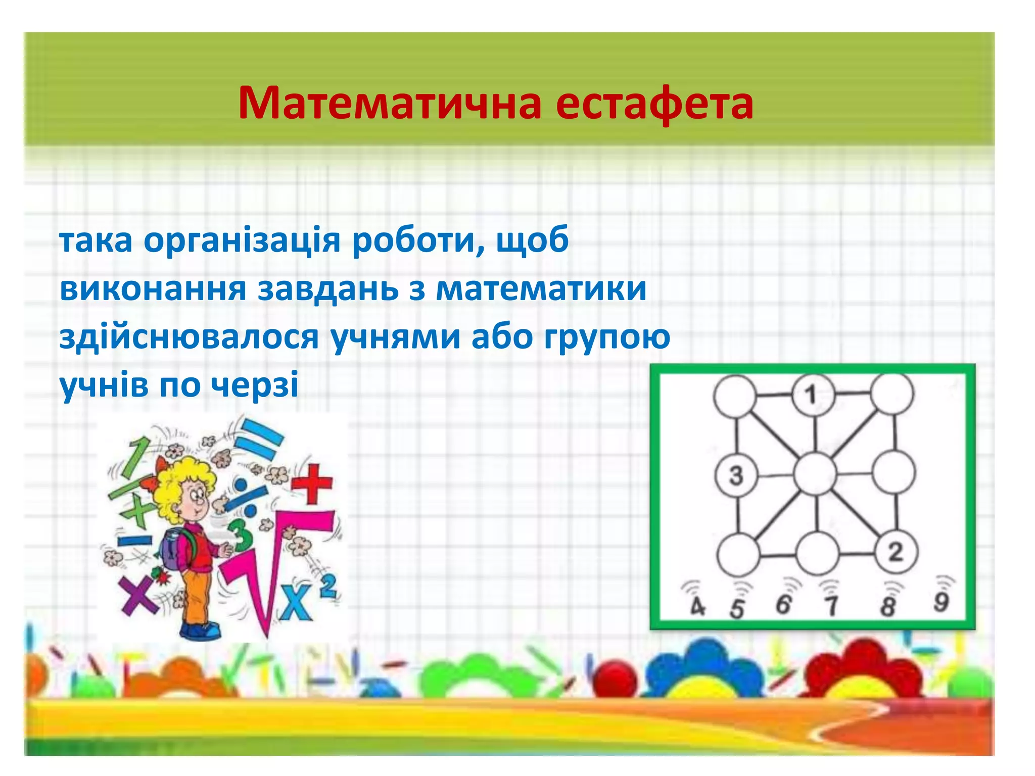 така організація роботи, щоб
виконання завдань з математики
здійснювалося учнями або групою
учнів по черзі
Математична естафета
 