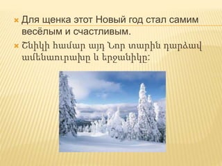  Для щенка этот Новый год стал самим
весёлым и счастливым.
 Շնիկի համար այդ Նոր տարին դարձավ
ամենաուրախը և երջանիկը:
 
